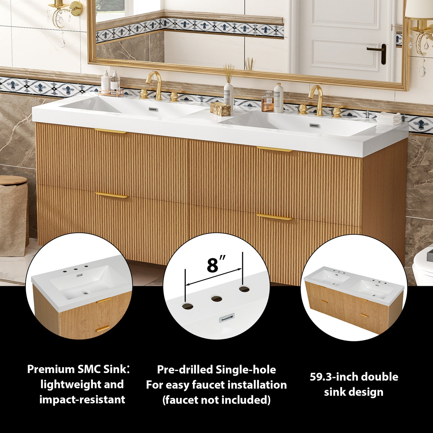 VanityFus 59.3-in Wood Bathroom Vanity Dougle Sink Combo White Ceramic Top 4 Drawers