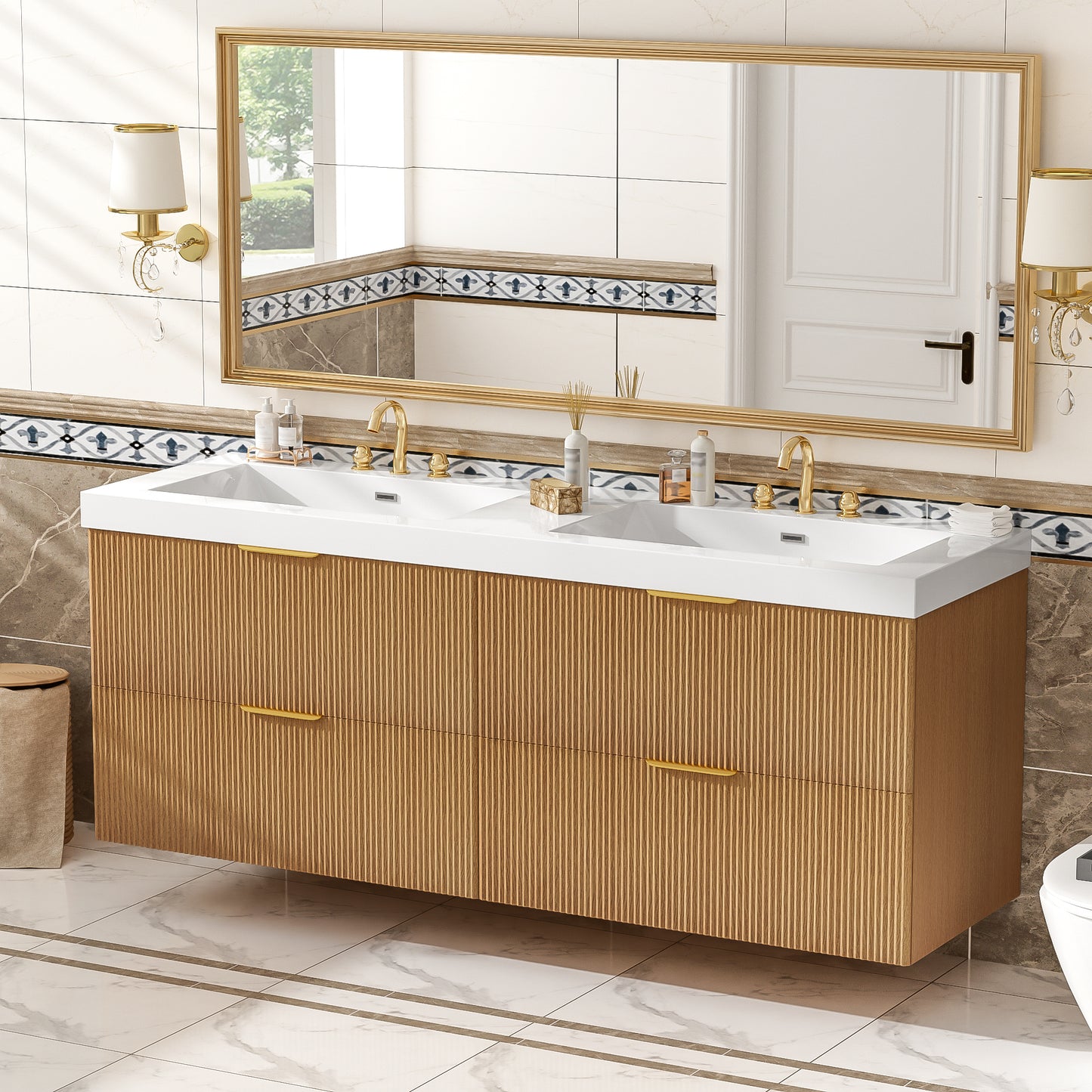 VanityFus 59.3-in Wood Bathroom Vanity Dougle Sink Combo White Ceramic Top 4 Drawers