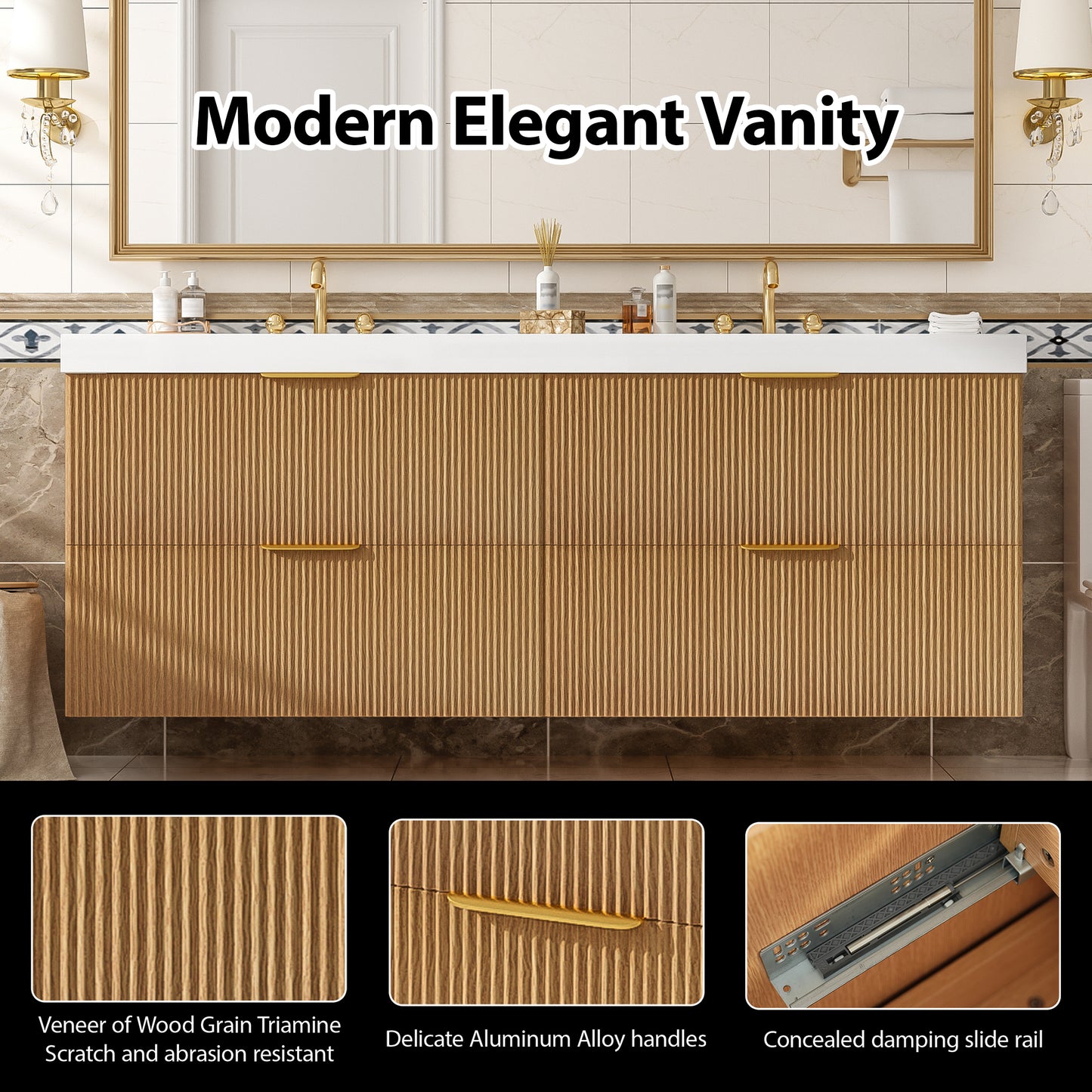 VanityFus 59.3-in Wood Bathroom Vanity Dougle Sink Combo White Ceramic Top 4 Drawers