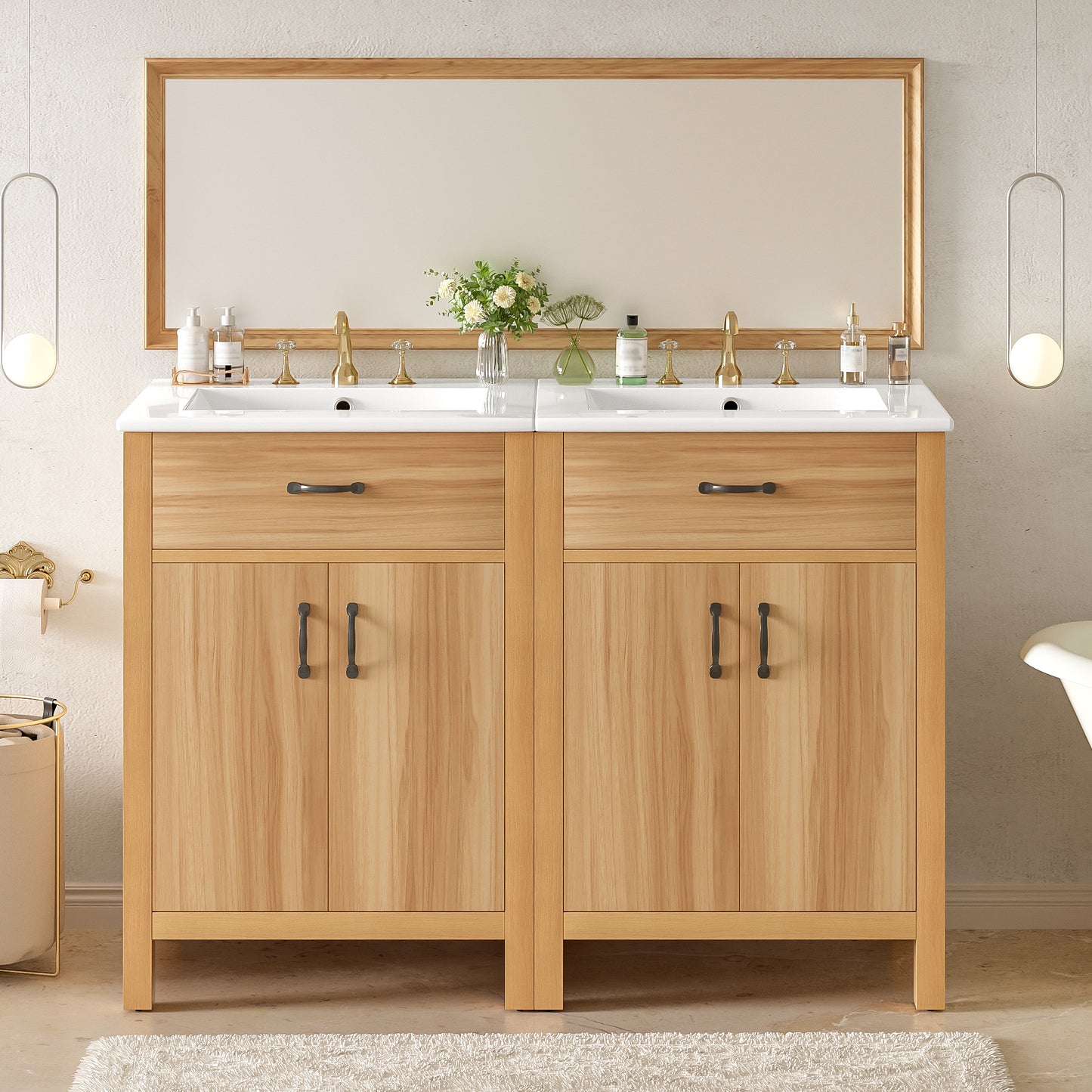 VanityFus 48-in Bathroom Vanity Double Sink Combo Wood Ceramic Top 4 Soft-Close Doors 2 Drawers
