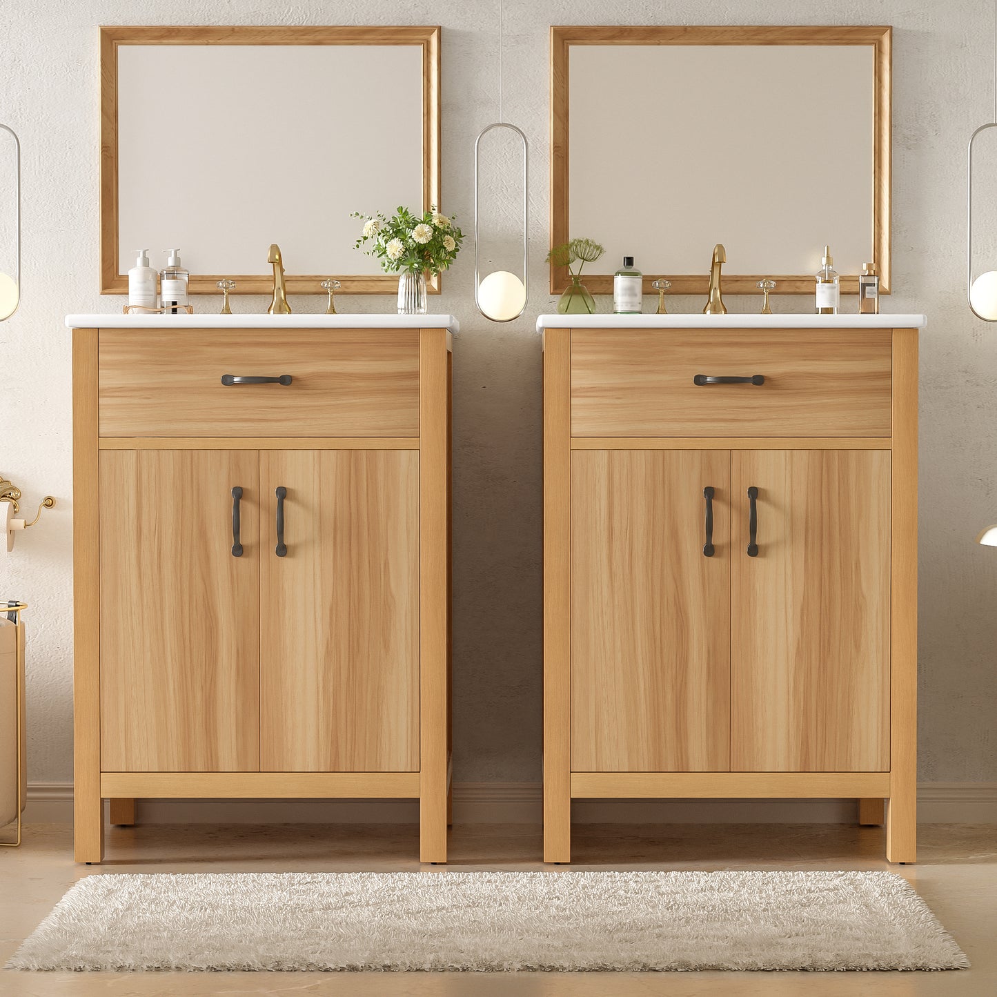 VanityFus 48-in Bathroom Vanity Double Sink Combo Wood Ceramic Top 4 Soft-Close Doors 2 Drawers