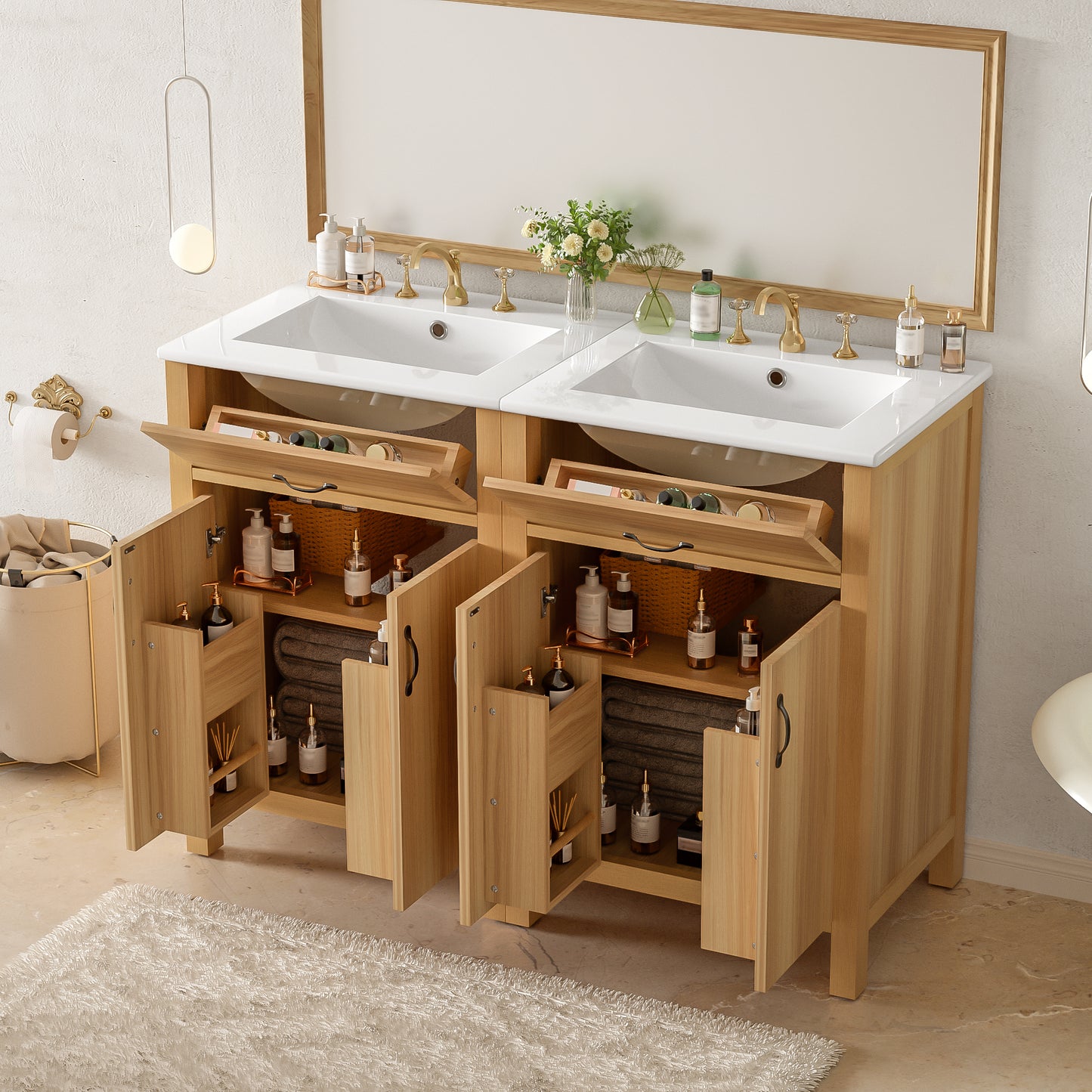 VanityFus 48-in Bathroom Vanity Double Sink Combo Wood Ceramic Top 4 Soft-Close Doors 2 Drawers