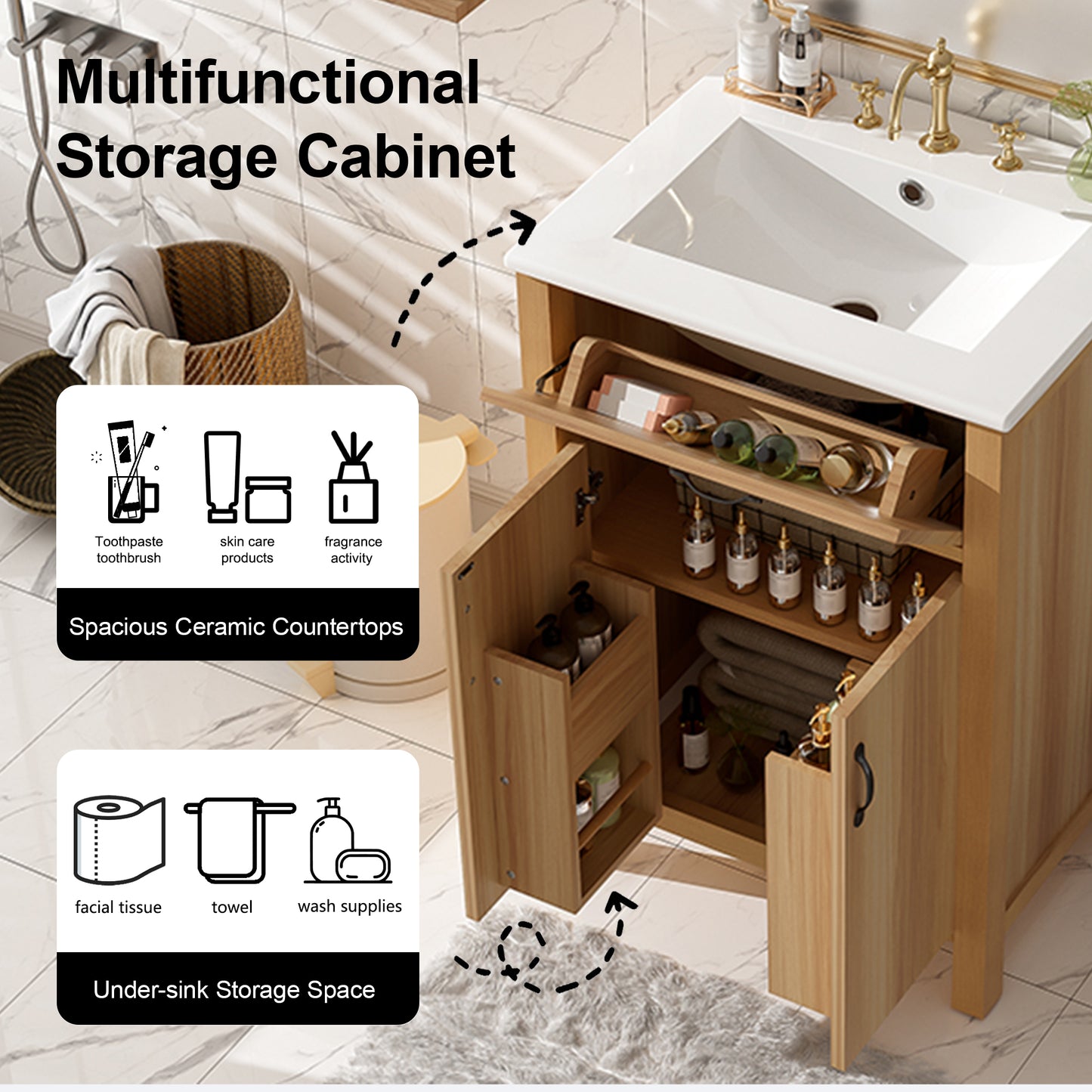 VanityFus 48-in Bathroom Vanity Double Sink Combo Wood Ceramic Top 4 Soft-Close Doors 2 Drawers