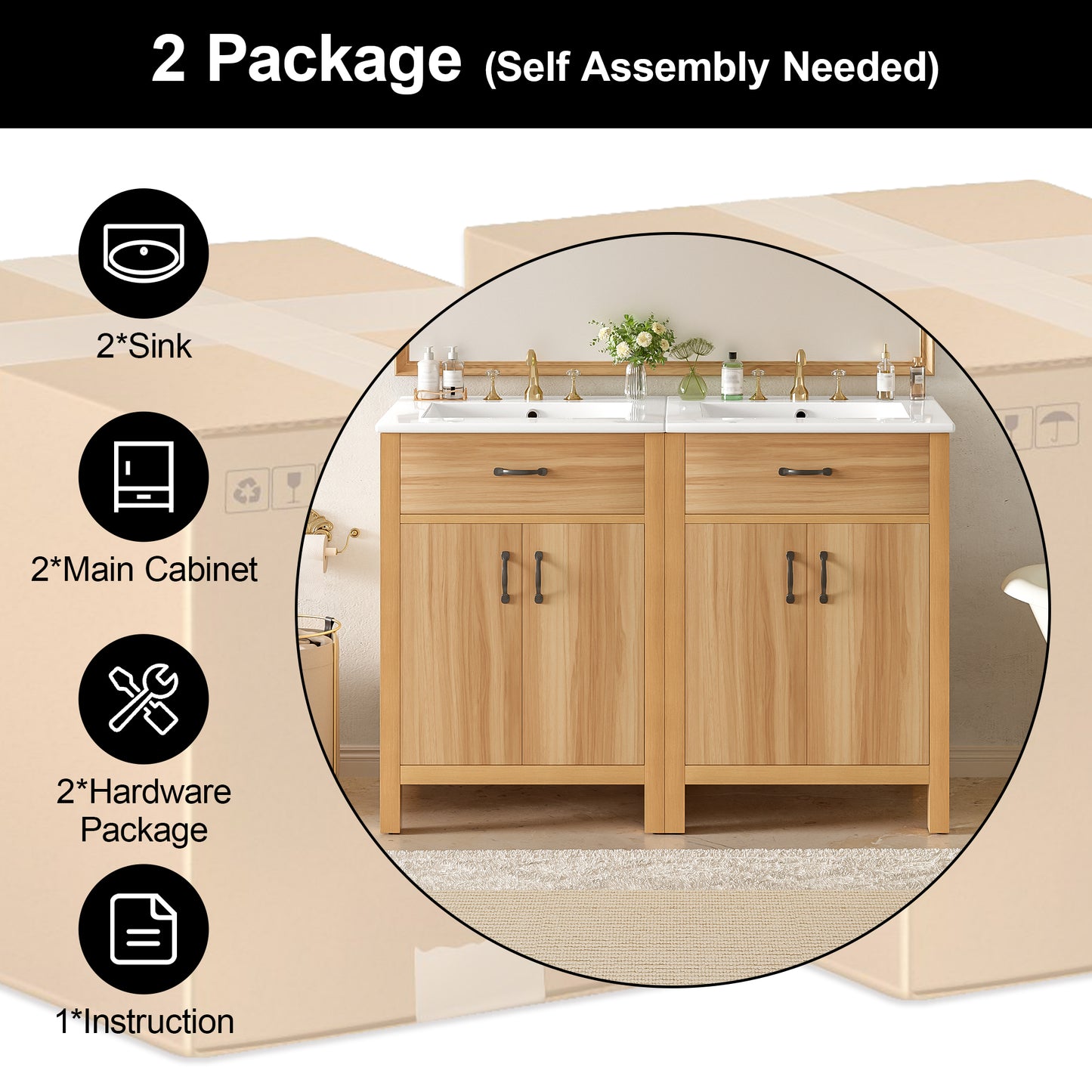 VanityFus 48-in Bathroom Vanity Double Sink Combo Wood Ceramic Top 4 Soft-Close Doors 2 Drawers