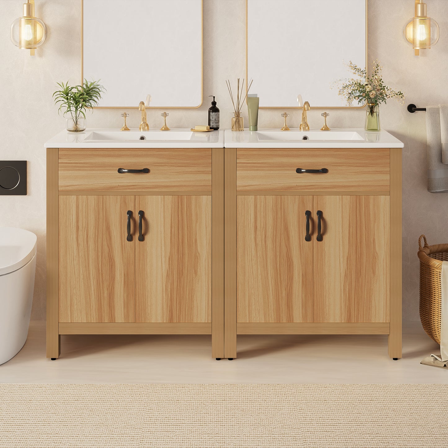 VanityFus 60-in Bathroom Vanity Double Sink Combo Wood Ceramic Top 4 Soft-Close Doors 2 Drawers