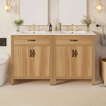 VanityFus 60-in Bathroom Vanity Double Sink Combo Wood Ceramic Top 4 Soft-Close Doors 2 Drawers