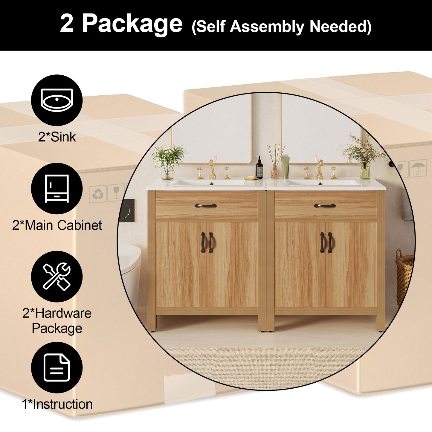 VanityFus 60-in Bathroom Vanity Double Sink Combo Wood Ceramic Top 4 Soft-Close Doors 2 Drawers