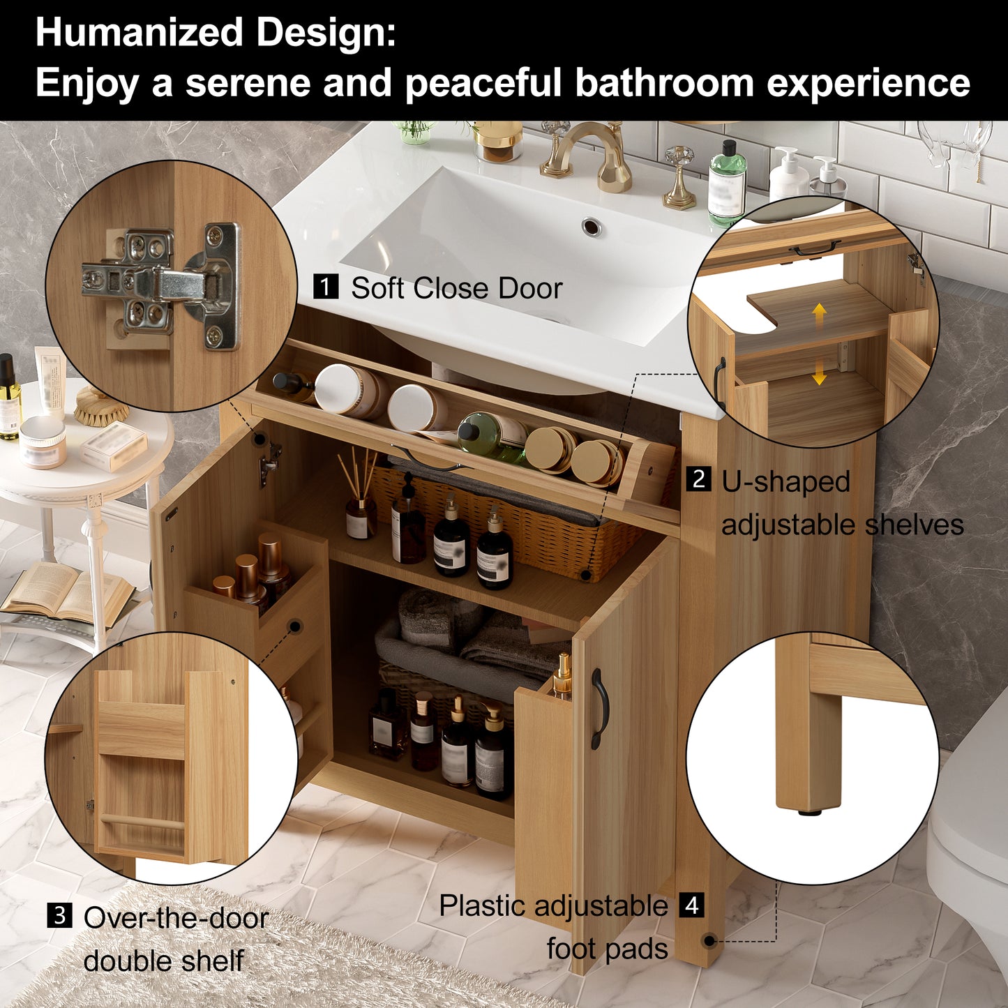 VanityFus 60-in Bathroom Vanity Double Sink Combo Wood Ceramic Top 4 Soft-Close Doors 2 Drawers