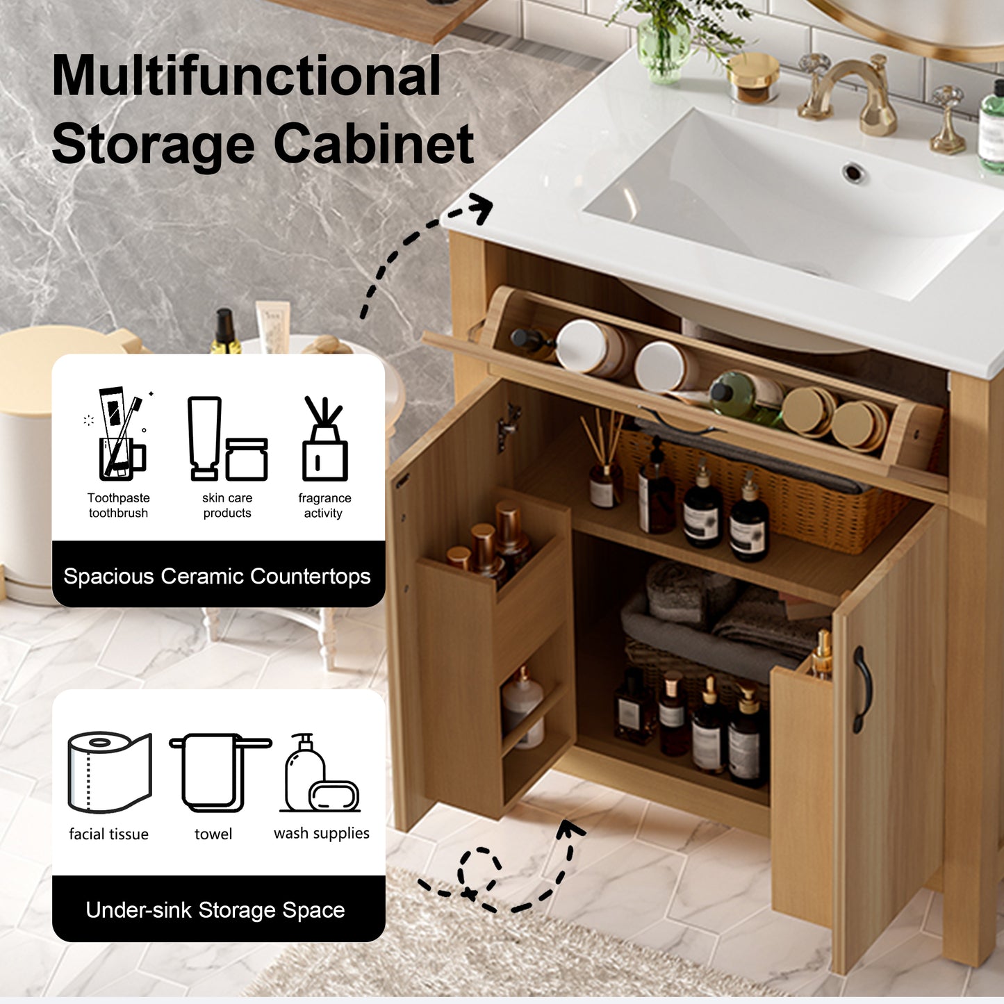 VanityFus 60-in Bathroom Vanity Double Sink Combo Wood Ceramic Top 4 Soft-Close Doors 2 Drawers