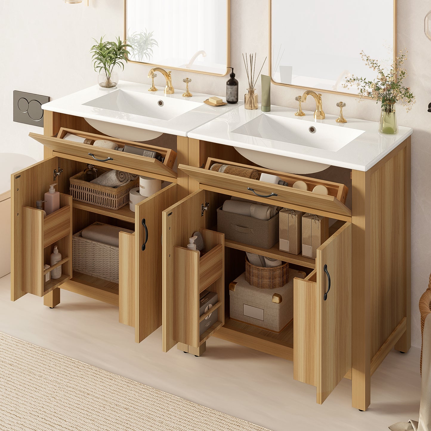 VanityFus 60-in Bathroom Vanity Double Sink Combo Wood Ceramic Top 4 Soft-Close Doors 2 Drawers