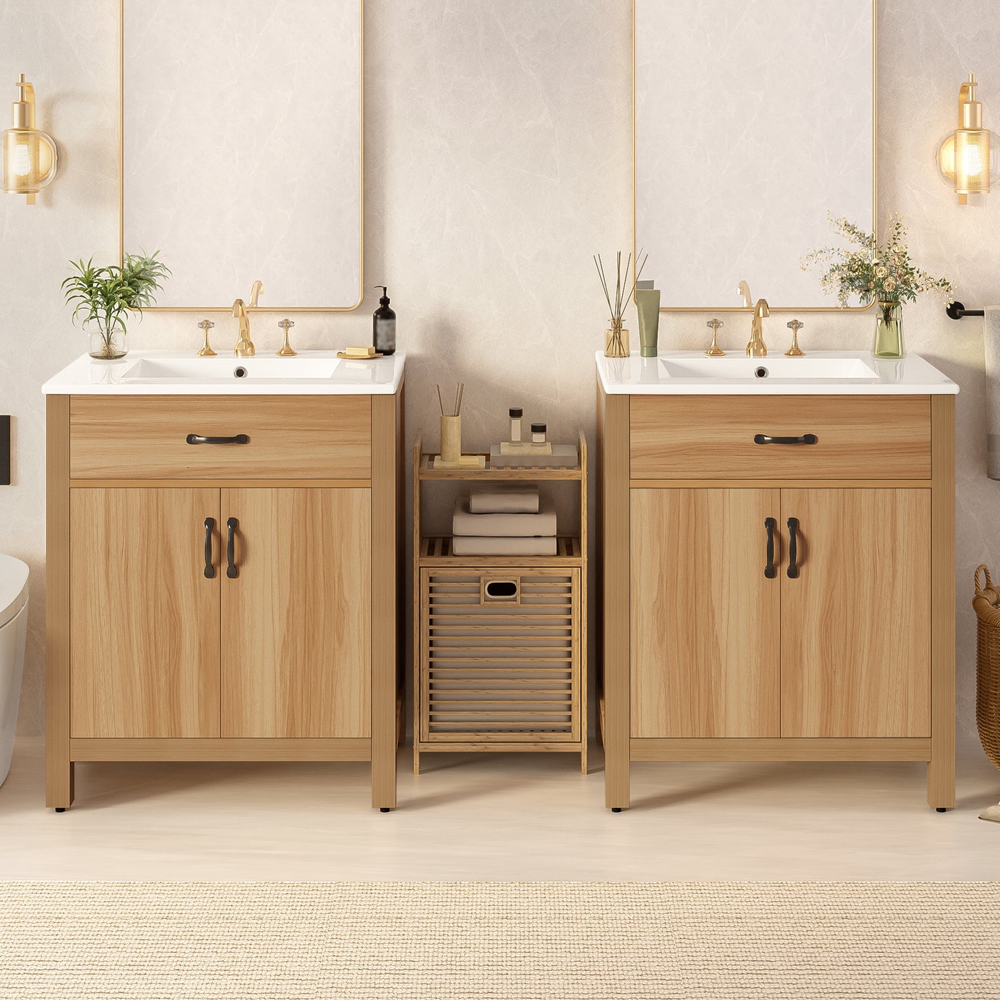 VanityFus 60-in Bathroom Vanity Double Sink Combo Wood Ceramic Top 4 Soft-Close Doors 2 Drawers