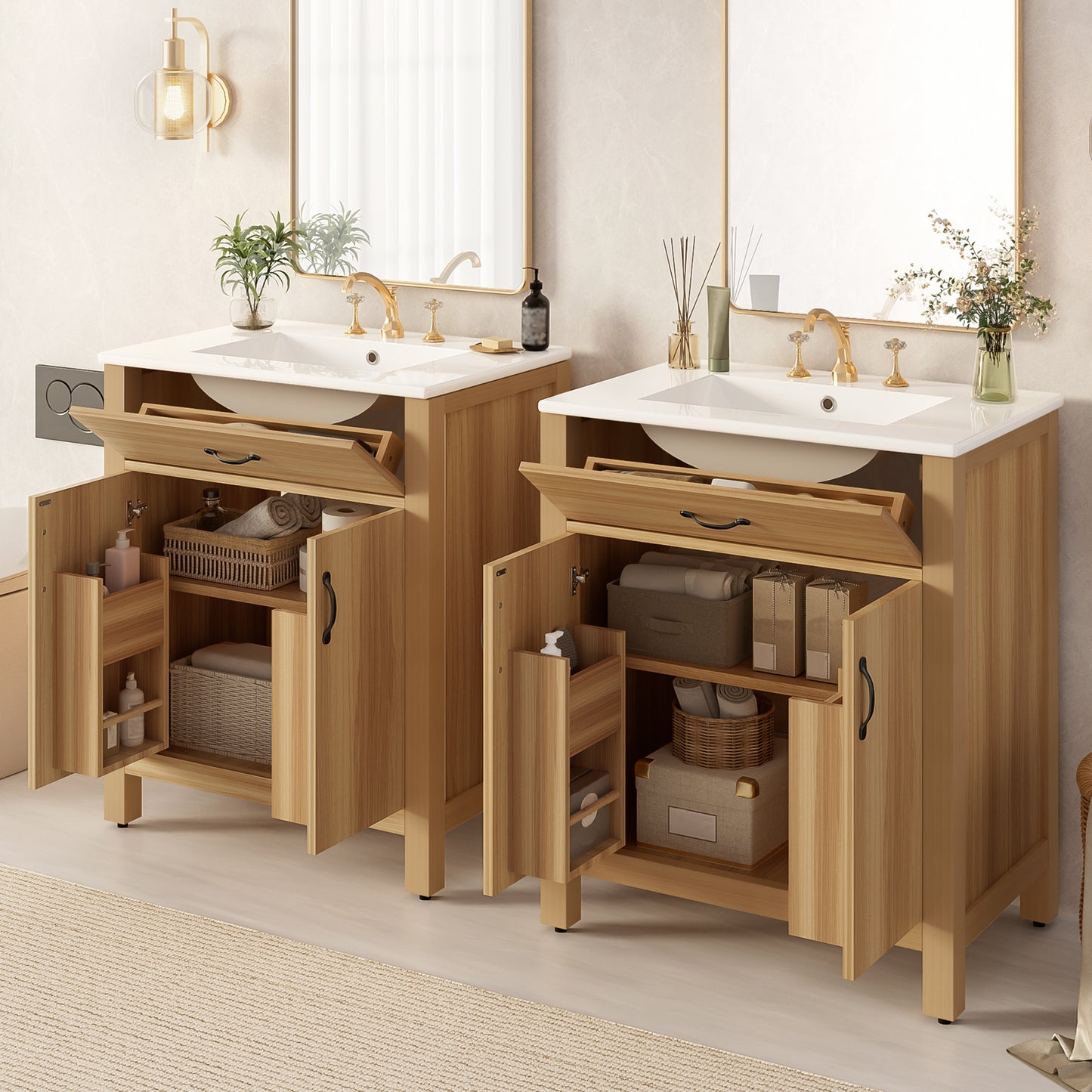 VanityFus 60-in Bathroom Vanity Double Sink Combo Wood Ceramic Top 4 Soft-Close Doors 2 Drawers