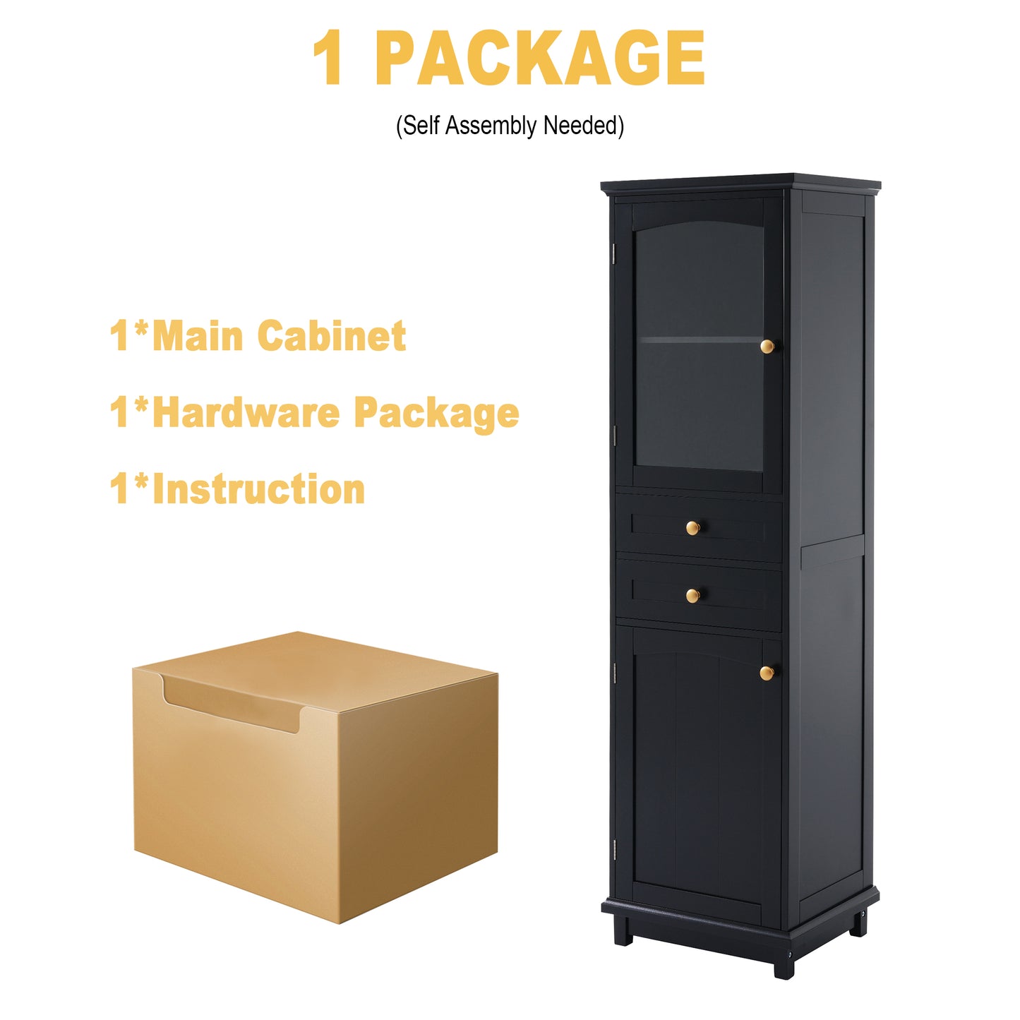 VanityFus Black 14.21-in x 17.76-in x 62.99-in Wood Freestanding Soft Close Linen Cabinet adjustable shelves 2 Soft close doors 2 drawers