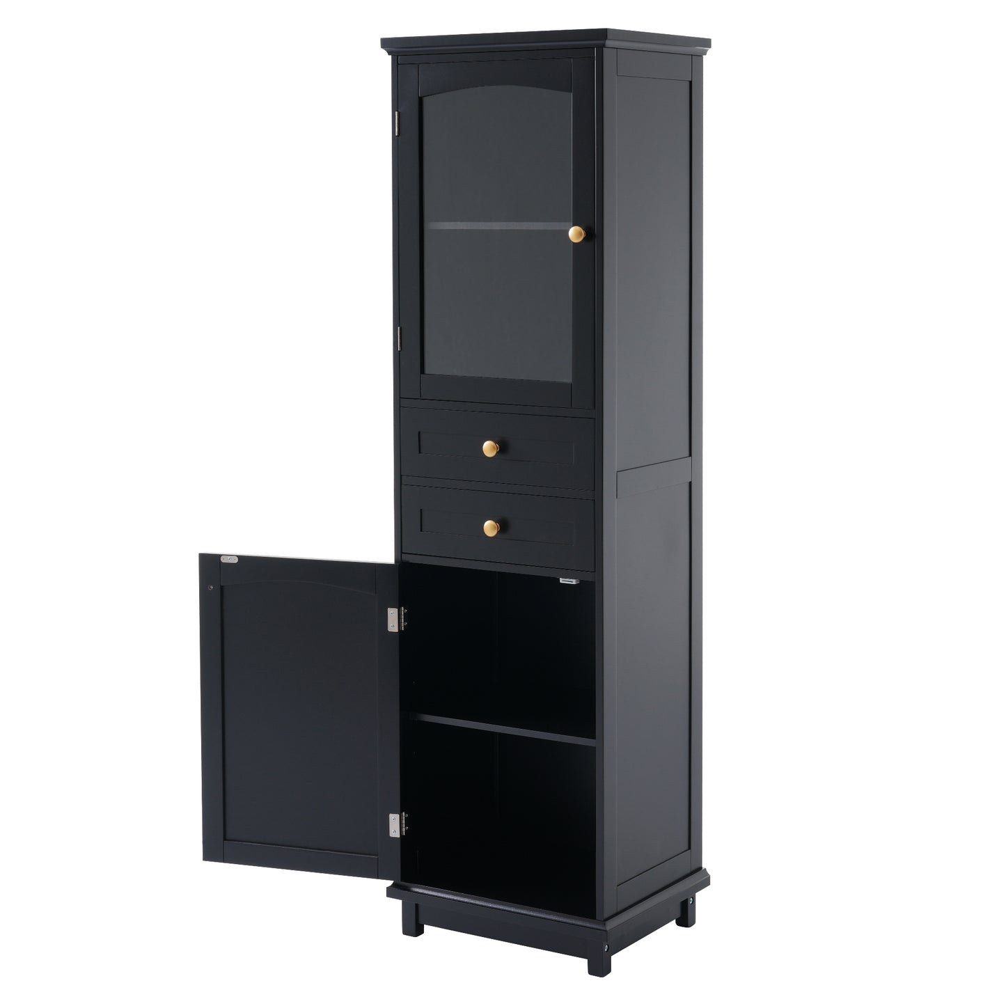 VanityFus Black 14.21-in x 17.76-in x 62.99-in Wood Freestanding Soft Close Linen Cabinet adjustable shelves 2 Soft close doors 2 drawers