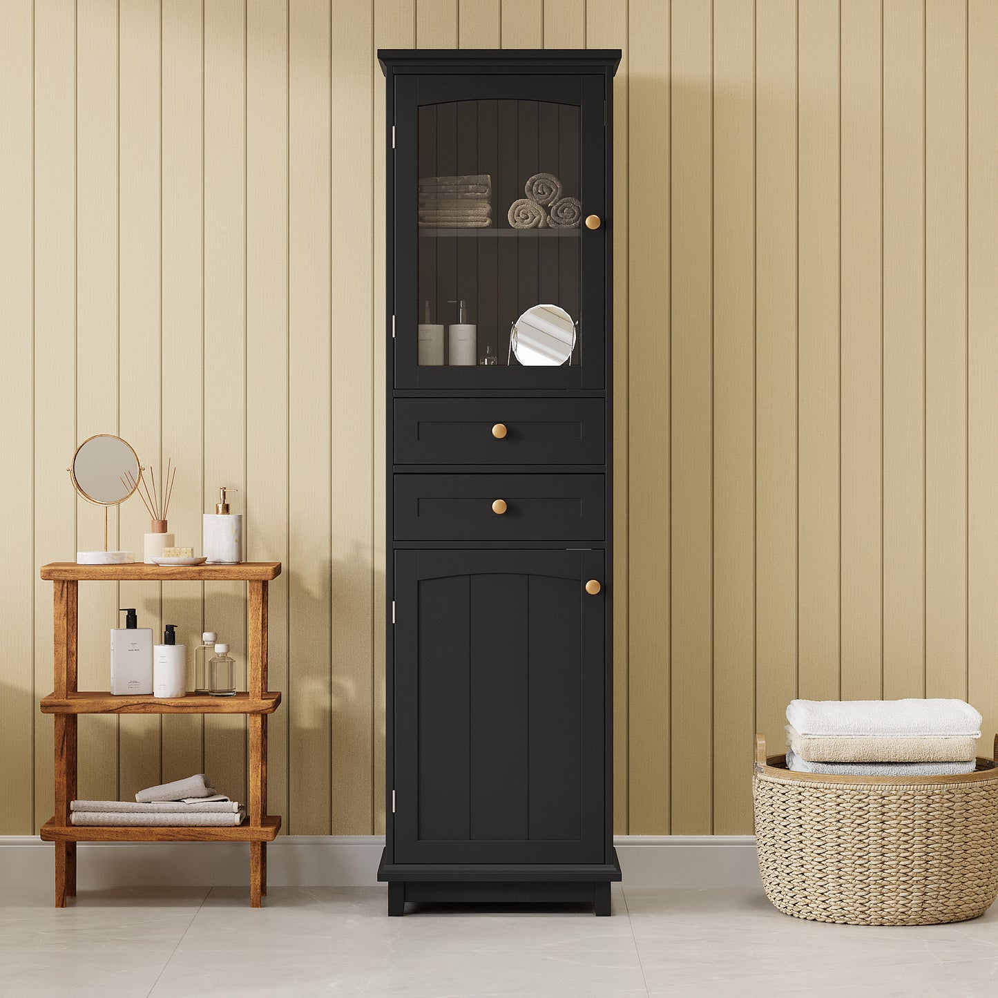 VanityFus Black 14.21-in x 17.76-in x 62.99-in Wood Freestanding Soft Close Linen Cabinet adjustable shelves 2 Soft close doors 2 drawers