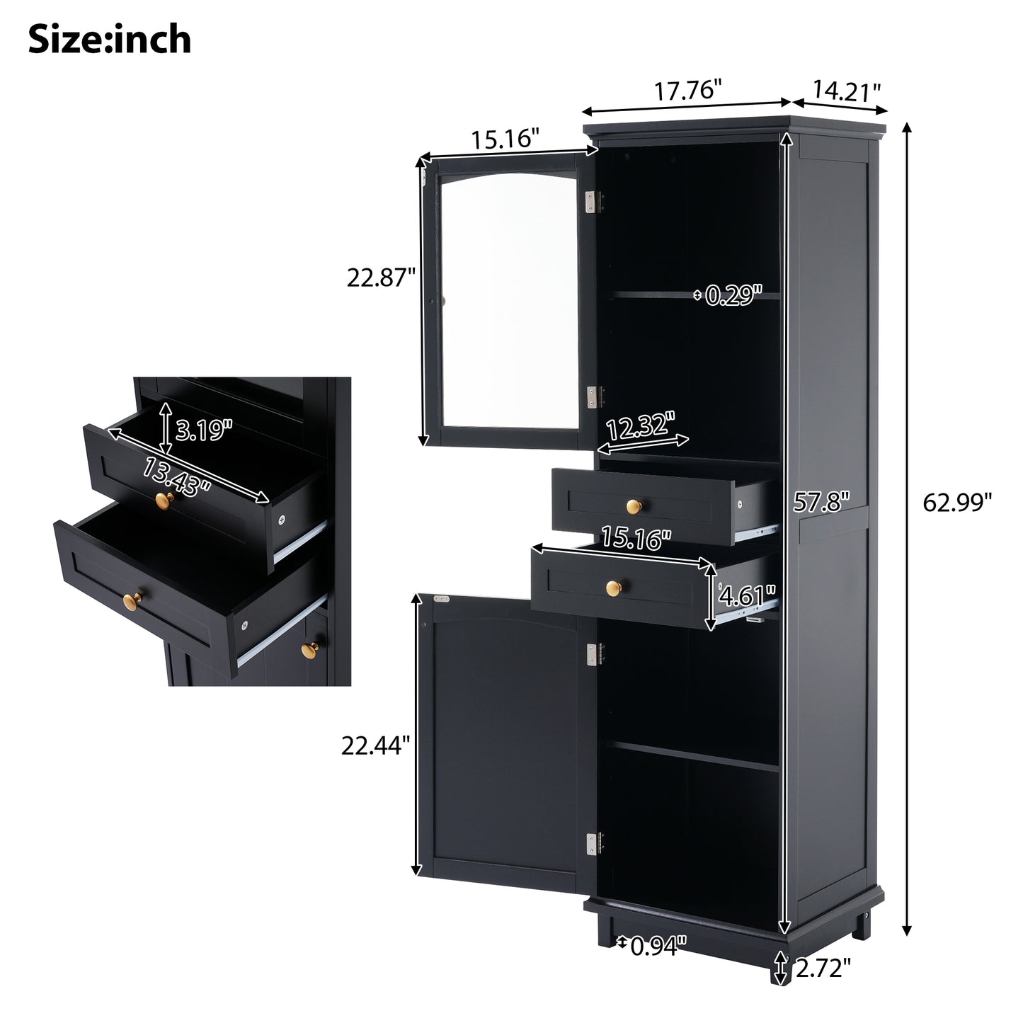 VanityFus Black 14.21-in x 17.76-in x 62.99-in Wood Freestanding Soft Close Linen Cabinet adjustable shelves 2 Soft close doors 2 drawers