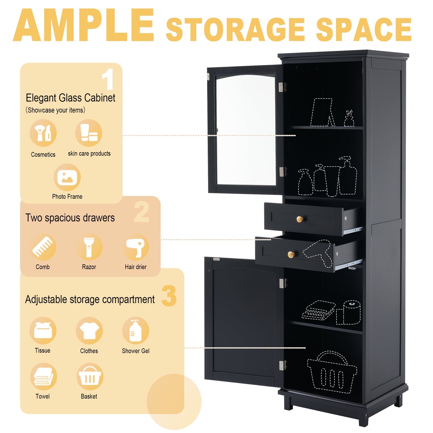 VanityFus Black 14.21-in x 17.76-in x 62.99-in Wood Freestanding Soft Close Linen Cabinet adjustable shelves 2 Soft close doors 2 drawers