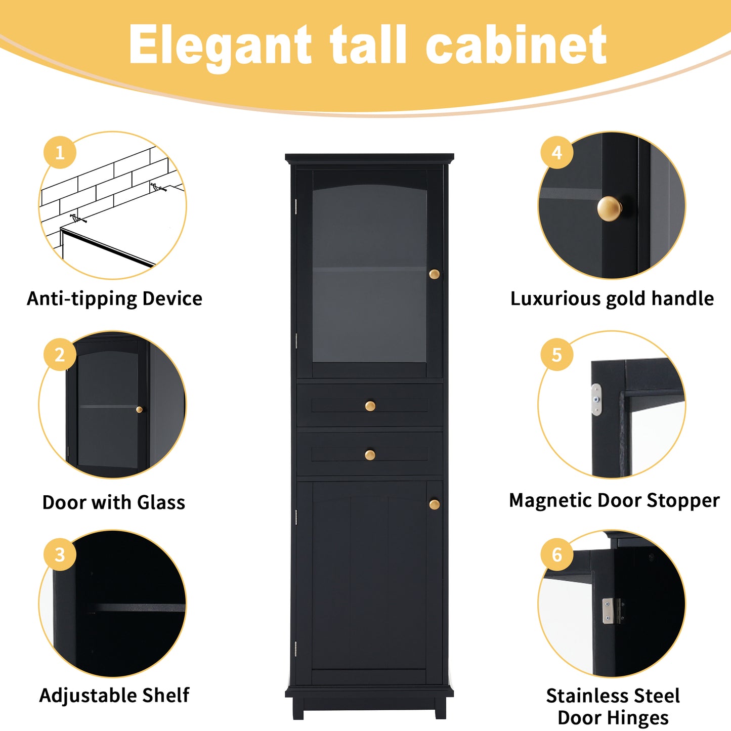 VanityFus Black 14.21-in x 17.76-in x 62.99-in Wood Freestanding Soft Close Linen Cabinet adjustable shelves 2 Soft close doors 2 drawers