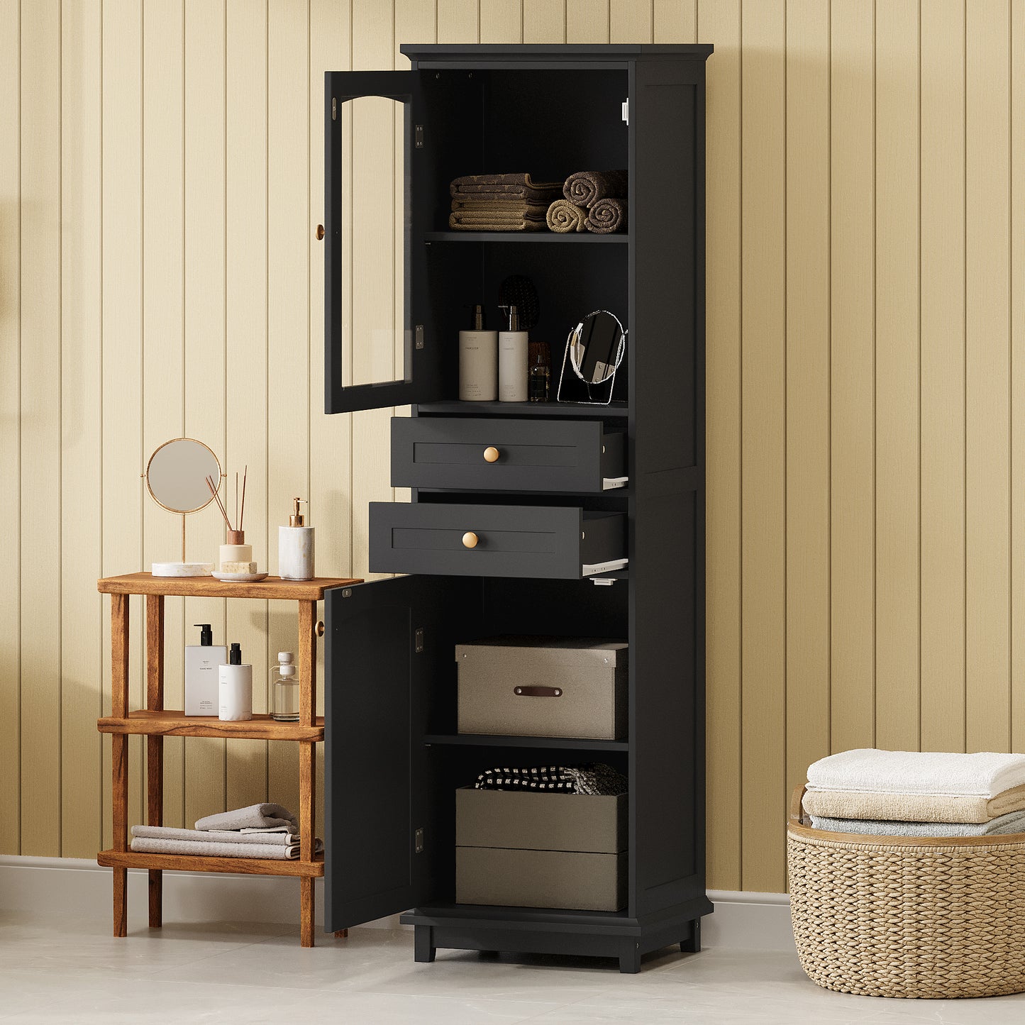 VanityFus Black 14.21-in x 17.76-in x 62.99-in Wood Freestanding Soft Close Linen Cabinet adjustable shelves 2 Soft close doors 2 drawers