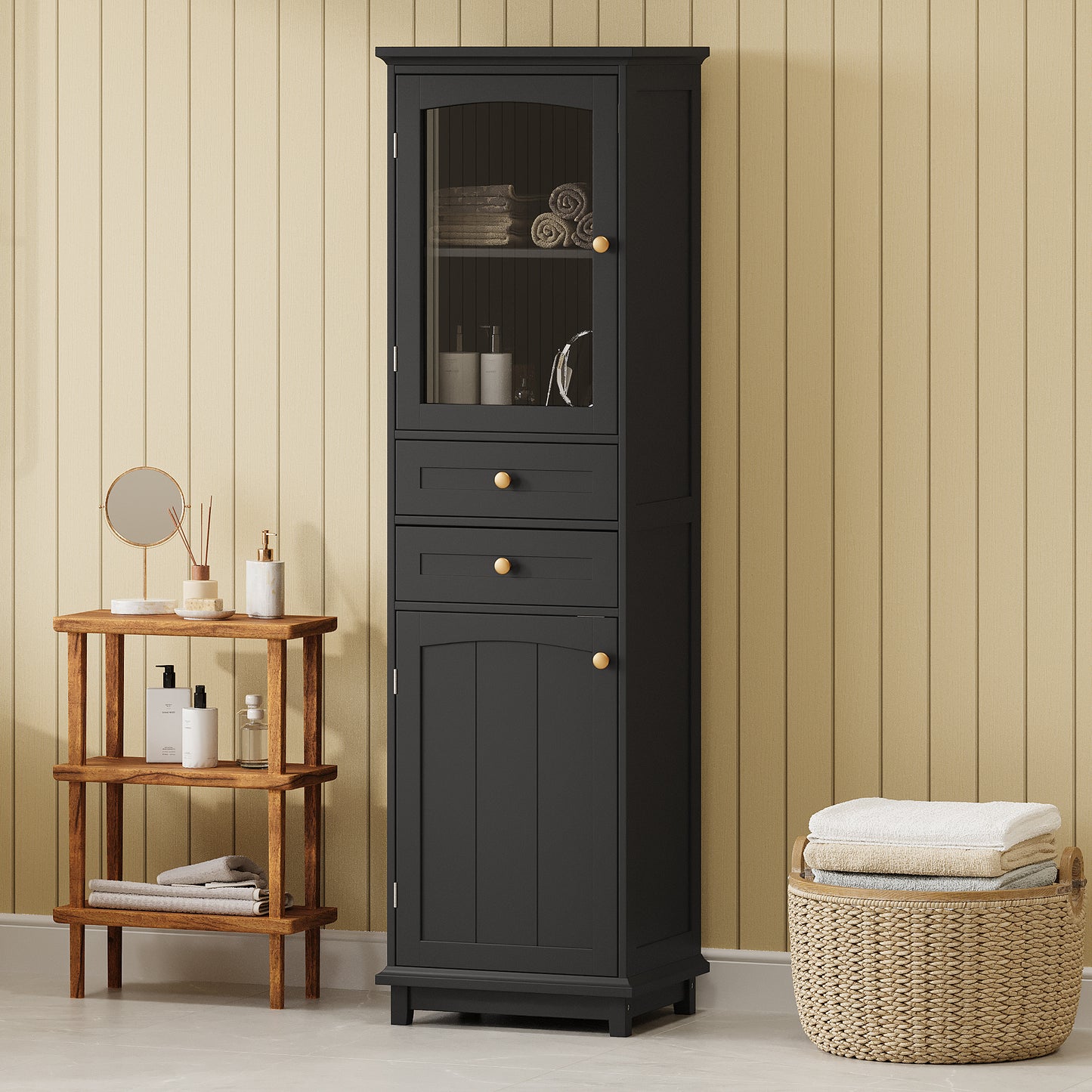 VanityFus Black 14.21-in x 17.76-in x 62.99-in Wood Freestanding Soft Close Linen Cabinet adjustable shelves 2 Soft close doors 2 drawers