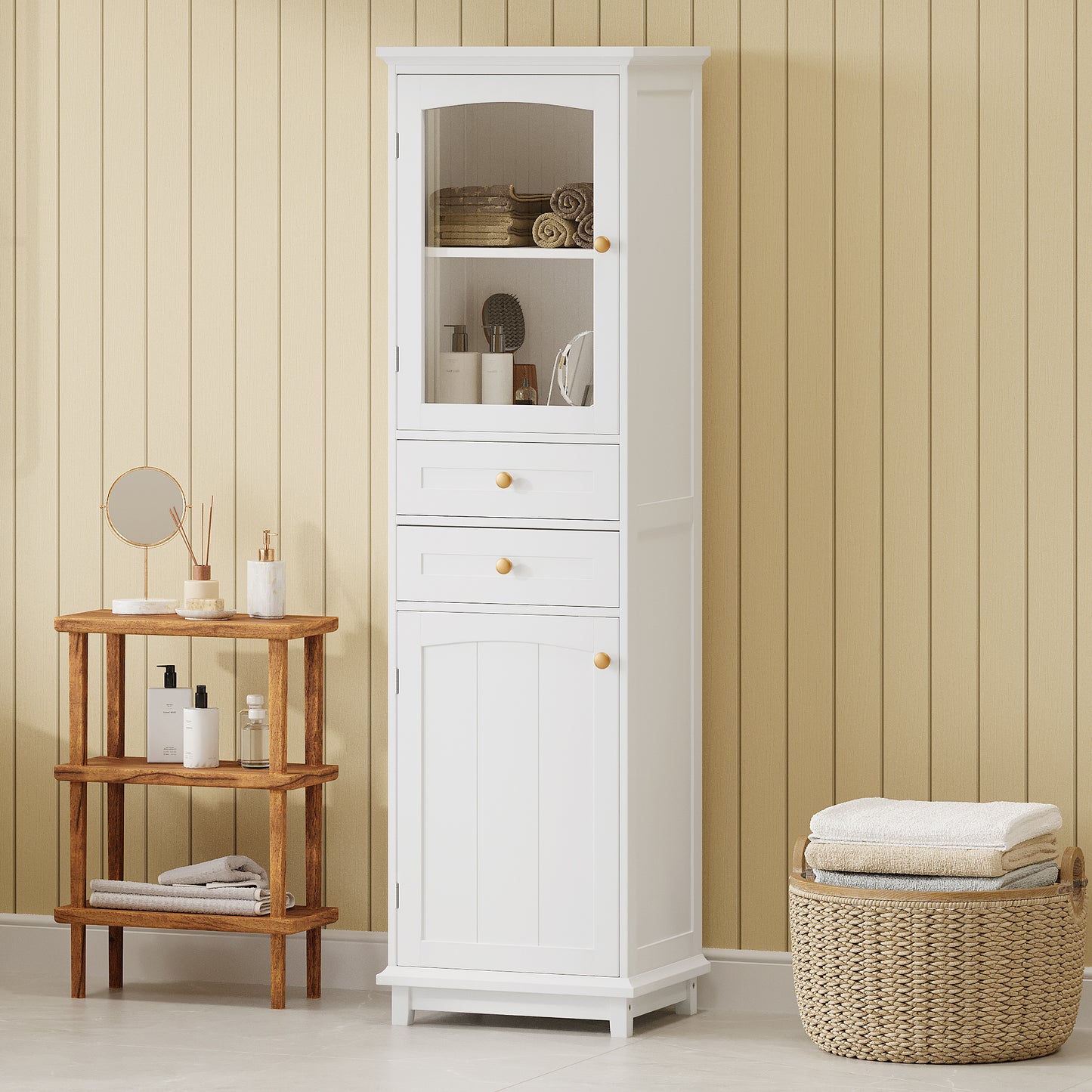 VanityFus White 14.21-in x 17.76-in x 62.99-in Wood Freestanding Soft Close Linen Cabinet adjustable shelves 2 Soft close doors 2 drawers