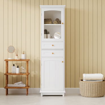 VanityFus White 14.21-in x 17.76-in x 62.99-in Wood Freestanding Soft Close Linen Cabinet adjustable shelves 2 Soft close doors 2 drawers