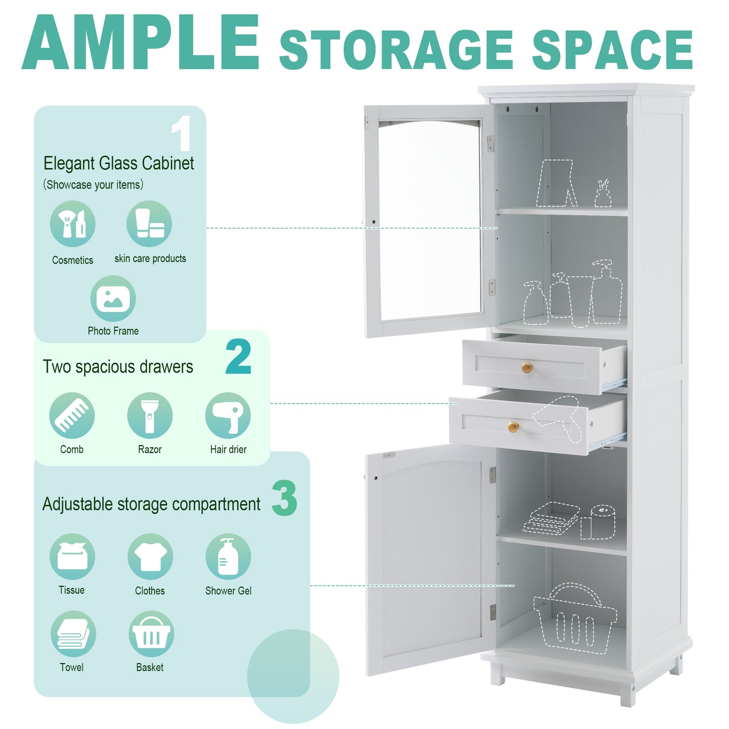 VanityFus White 14.21-in x 17.76-in x 62.99-in Wood Freestanding Soft Close Linen Cabinet adjustable shelves 2 Soft close doors 2 drawers