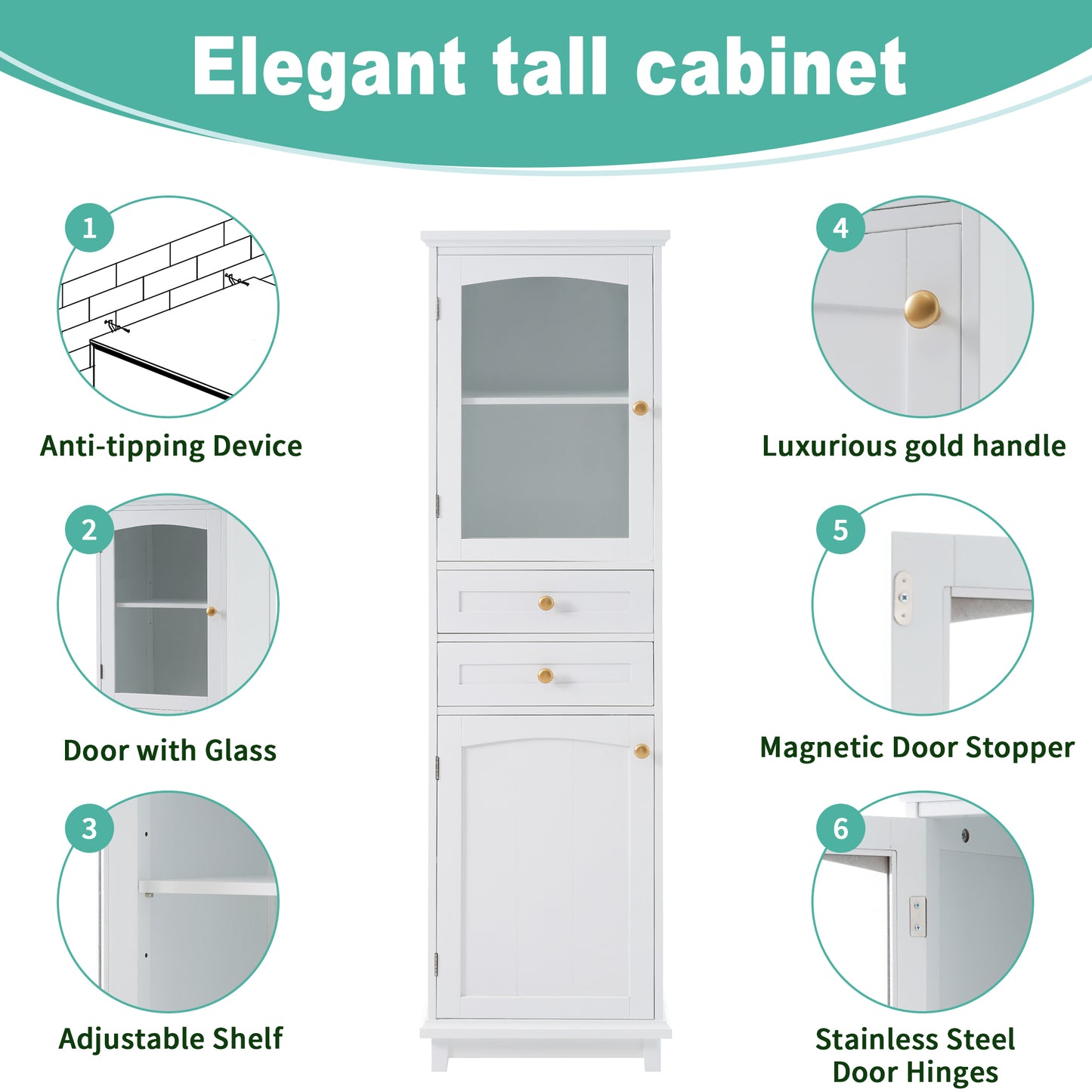 VanityFus White 14.21-in x 17.76-in x 62.99-in Wood Freestanding Soft Close Linen Cabinet adjustable shelves 2 Soft close doors 2 drawers