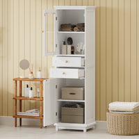 VanityFus White 14.21-in x 17.76-in x 62.99-in Wood Freestanding Soft Close Linen Cabinet adjustable shelves 2 Soft close doors 2 drawers