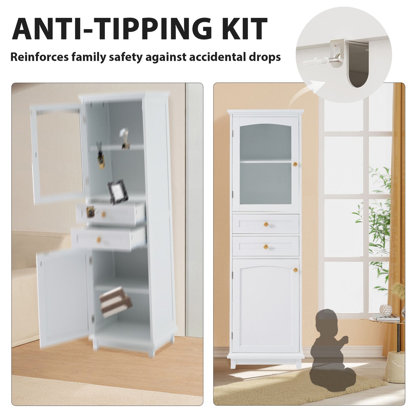 VanityFus White 14.21-in x 17.76-in x 62.99-in Wood Freestanding Soft Close Linen Cabinet adjustable shelves 2 Soft close doors 2 drawers