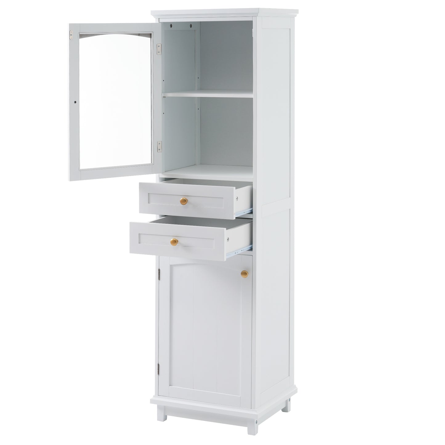 VanityFus White 14.21-in x 17.76-in x 62.99-in Wood Freestanding Soft Close Linen Cabinet adjustable shelves 2 Soft close doors 2 drawers