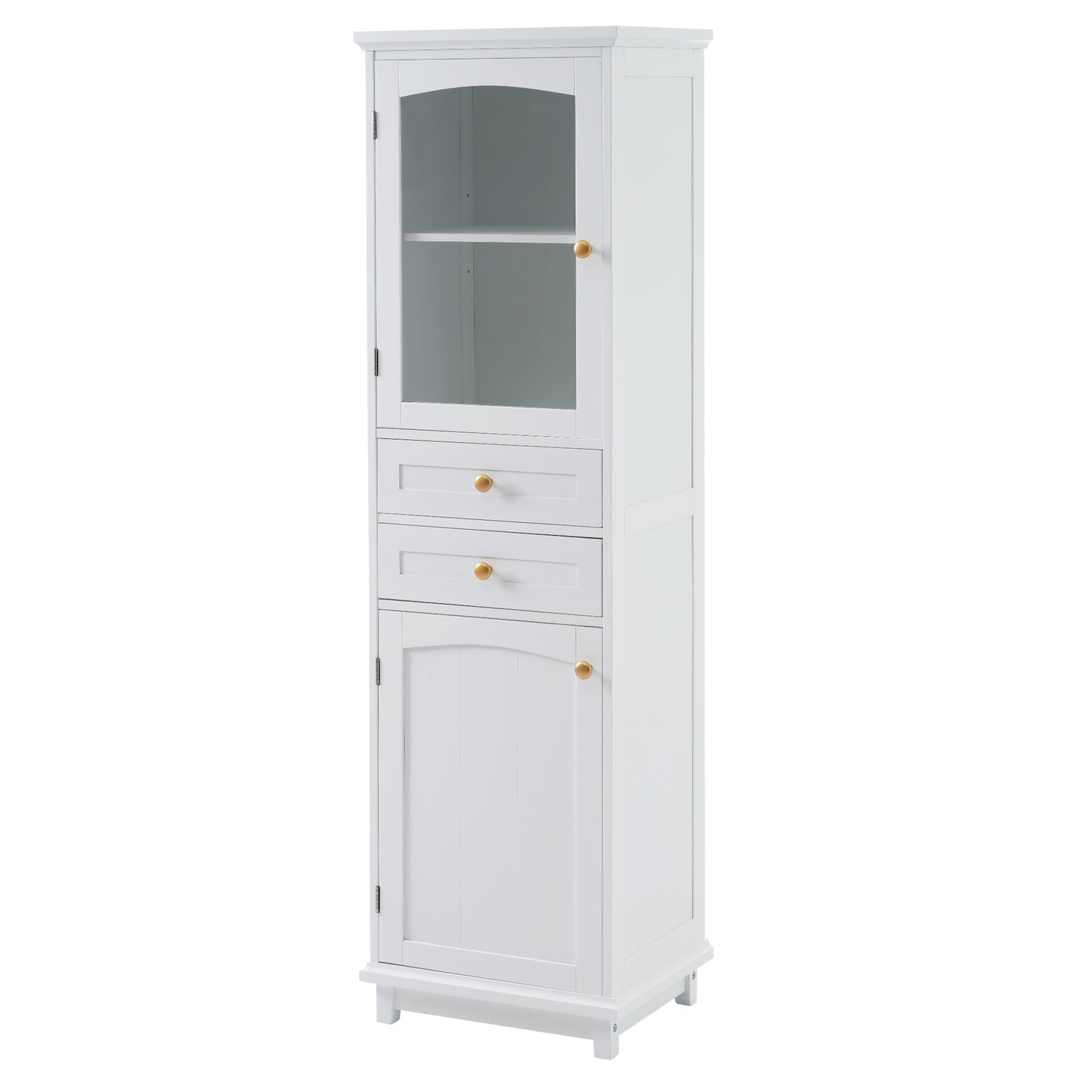 VanityFus White 14.21-in x 17.76-in x 62.99-in Wood Freestanding Soft Close Linen Cabinet adjustable shelves 2 Soft close doors 2 drawers