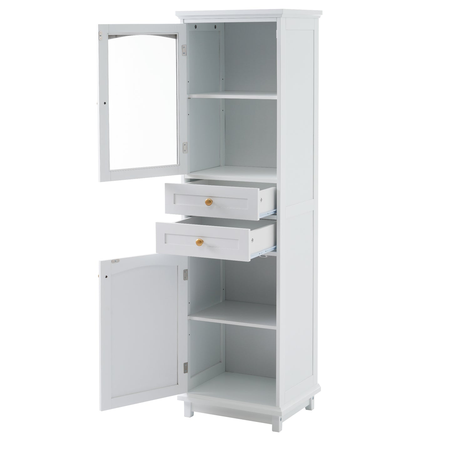 VanityFus White 14.21-in x 17.76-in x 62.99-in Wood Freestanding Soft Close Linen Cabinet adjustable shelves 2 Soft close doors 2 drawers