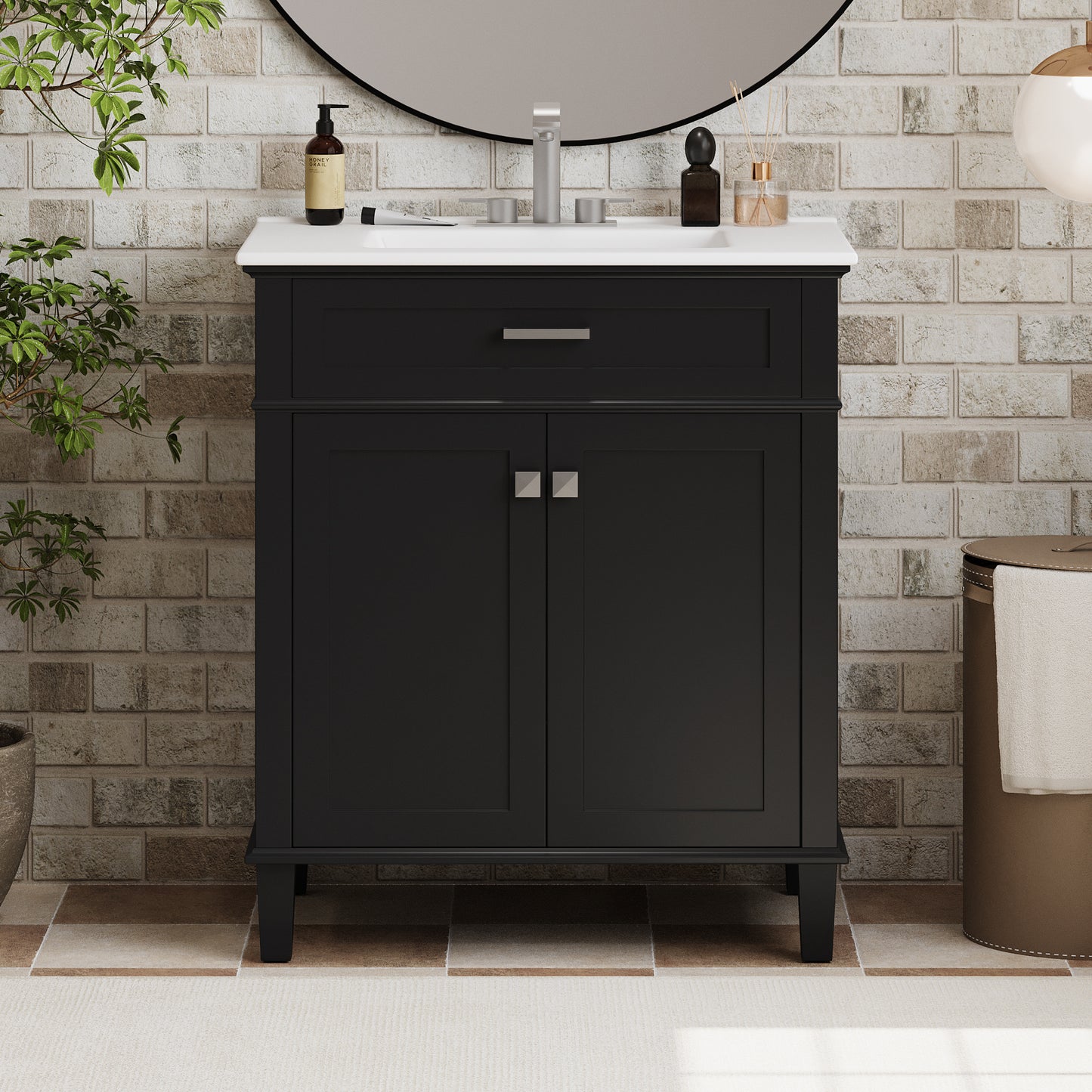 VanityFus 30-in Black Bathroom Vanity Single Sink Combo Ceramic Top 2 Soft-Close Doors Adjustable shelves