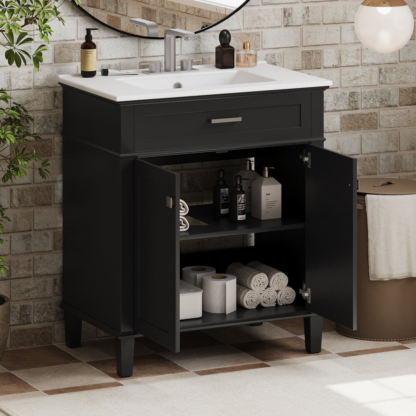 VanityFus 30-in Black Bathroom Vanity Single Sink Combo Ceramic Top 2 Soft-Close Doors Adjustable shelves