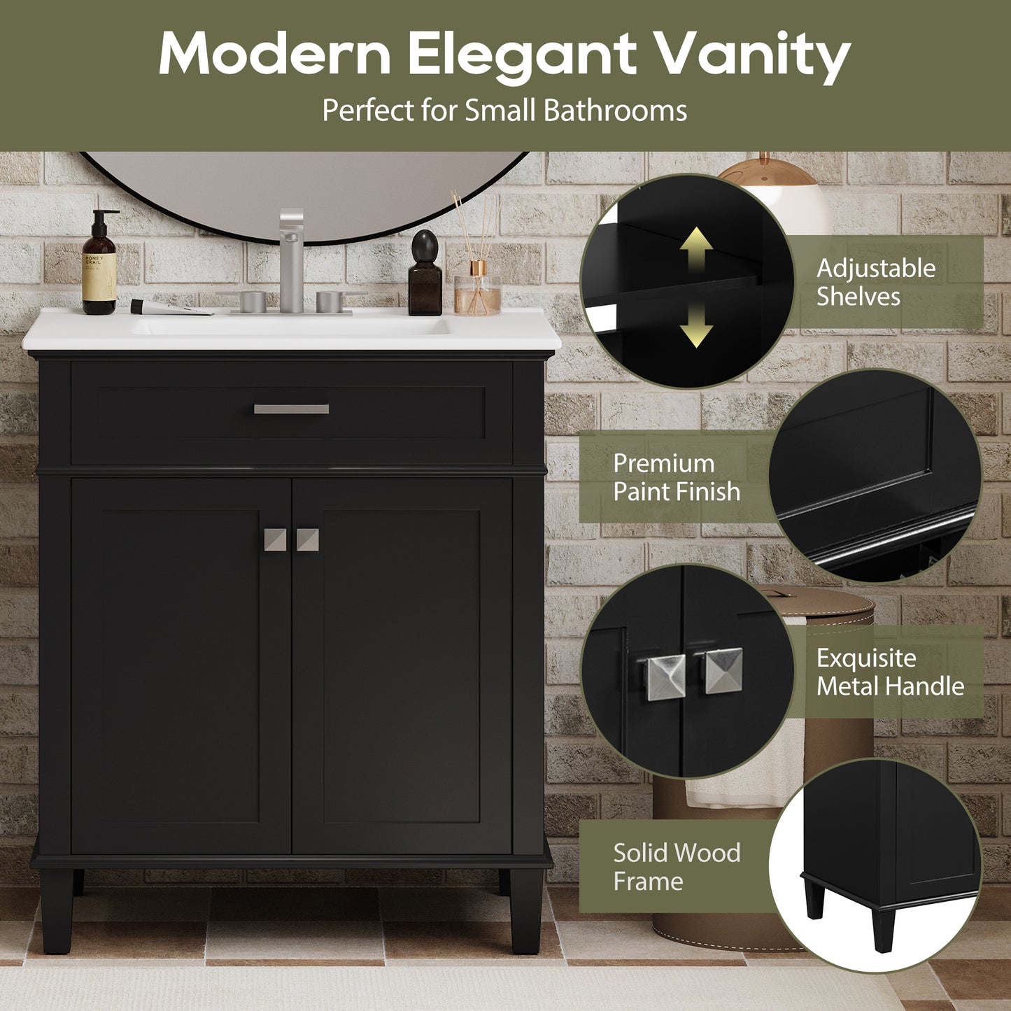 VanityFus 30-in Black Bathroom Vanity Single Sink Combo Ceramic Top 2 Soft-Close Doors Adjustable shelves