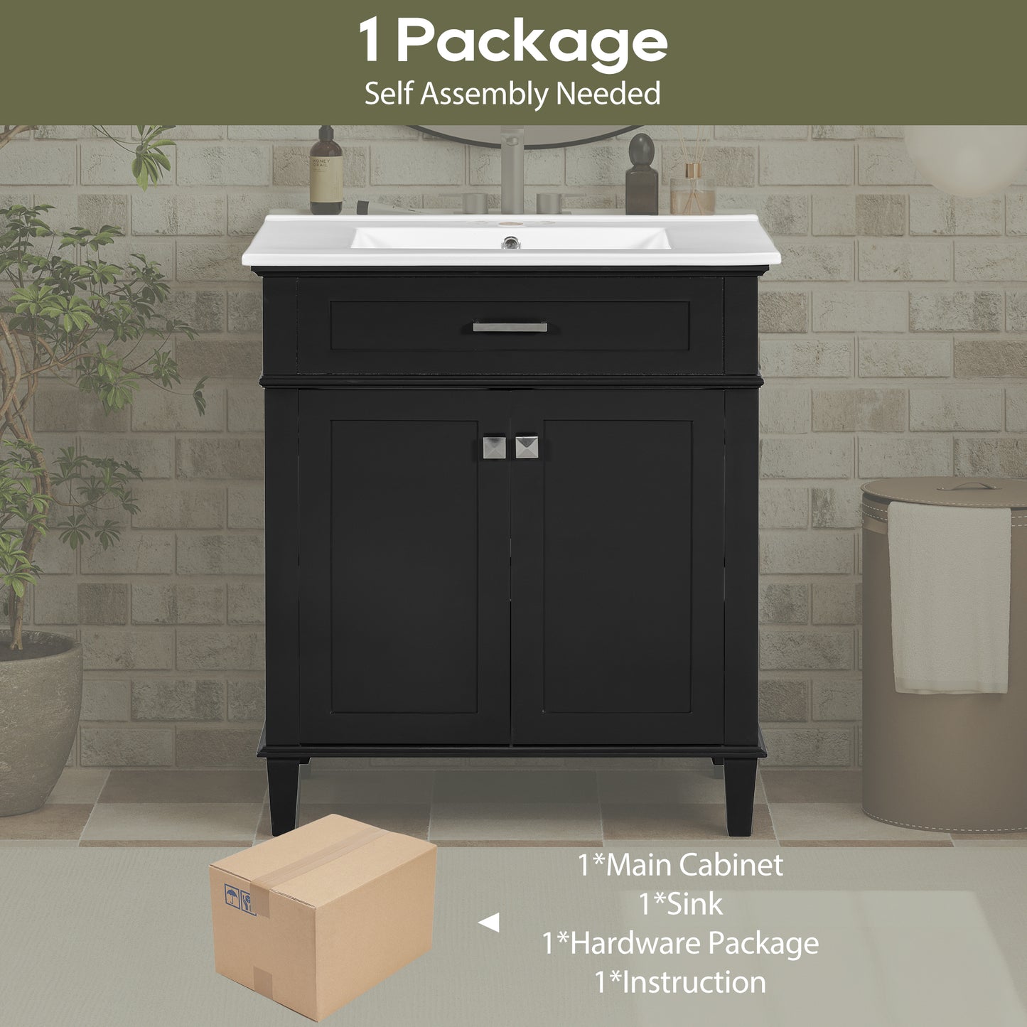 VanityFus 30-in Black Bathroom Vanity Single Sink Combo Ceramic Top 2 Soft-Close Doors Adjustable shelves