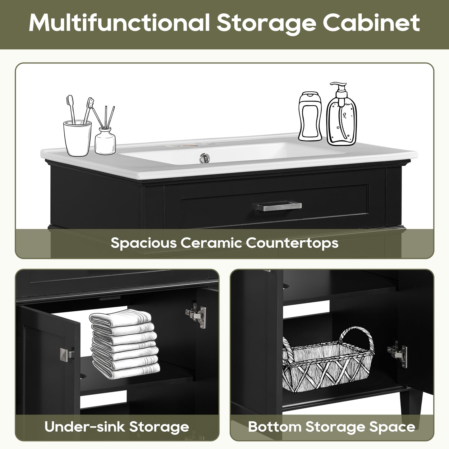 VanityFus 30-in Black Bathroom Vanity Single Sink Combo Ceramic Top 2 Soft-Close Doors Adjustable shelves