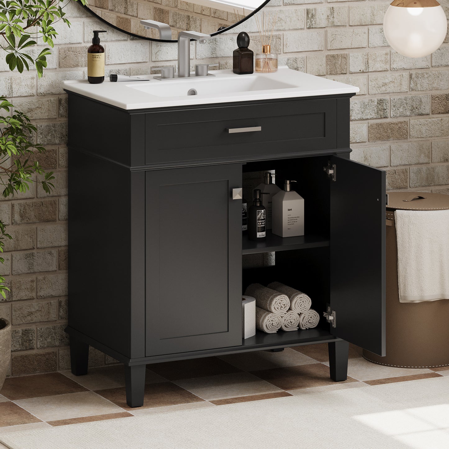 VanityFus 30-in Black Bathroom Vanity Single Sink Combo Ceramic Top 2 Soft-Close Doors Adjustable shelves