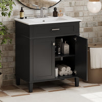 VanityFus 30-in Black Bathroom Vanity Single Sink Combo Ceramic Top 2 Soft-Close Doors Adjustable shelves