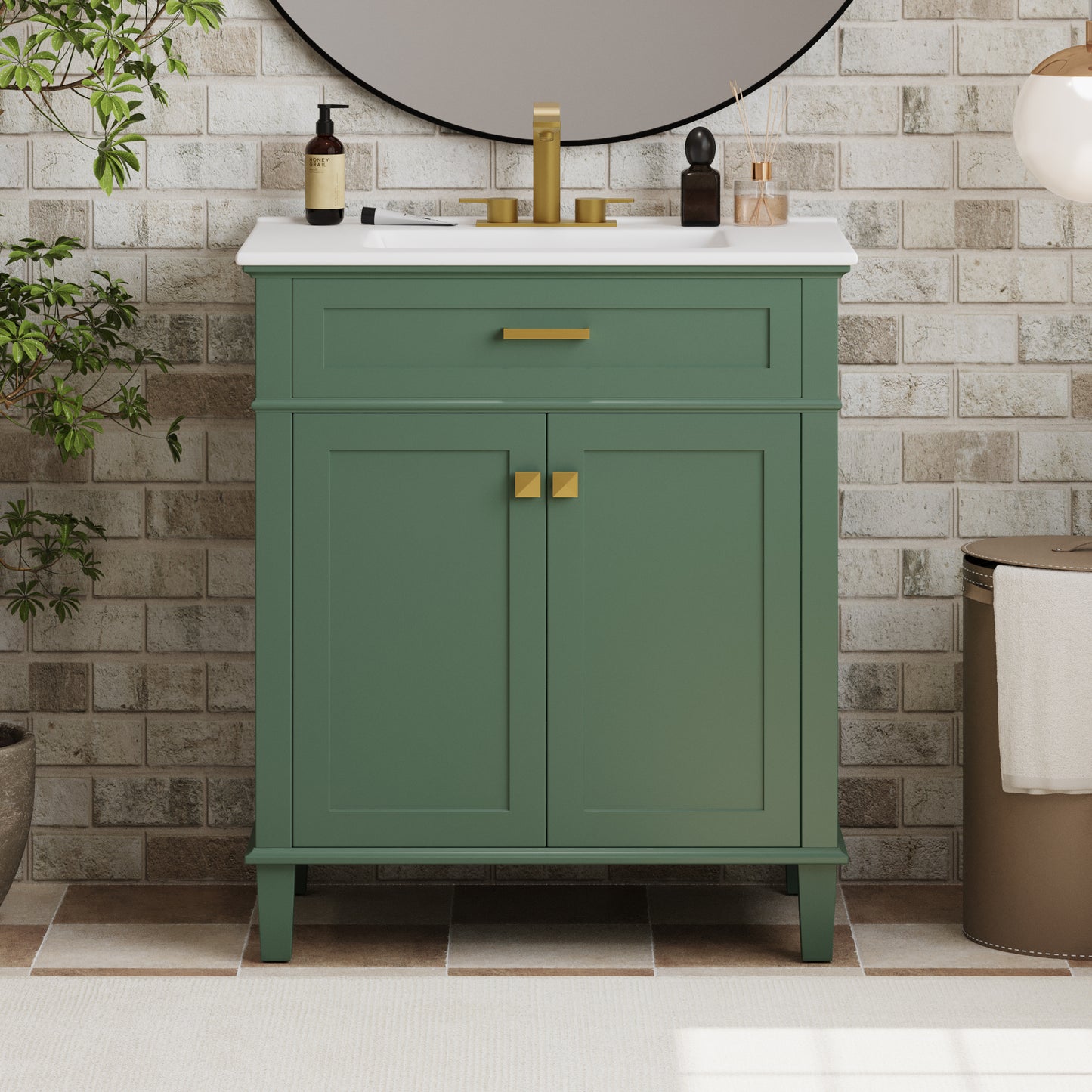 VanityFus 30-in Green Bathroom Vanity Single Sink Combo Ceramic Top 2 Soft-Close Doors Adjustable shelves