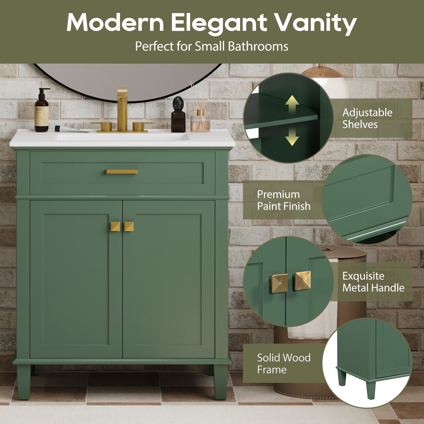 VanityFus 30-in Green Bathroom Vanity Single Sink Combo Ceramic Top 2 Soft-Close Doors Adjustable shelves