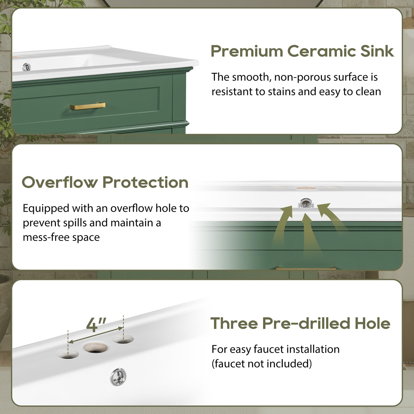 VanityFus 30-in Green Bathroom Vanity Single Sink Combo Ceramic Top 2 Soft-Close Doors Adjustable shelves