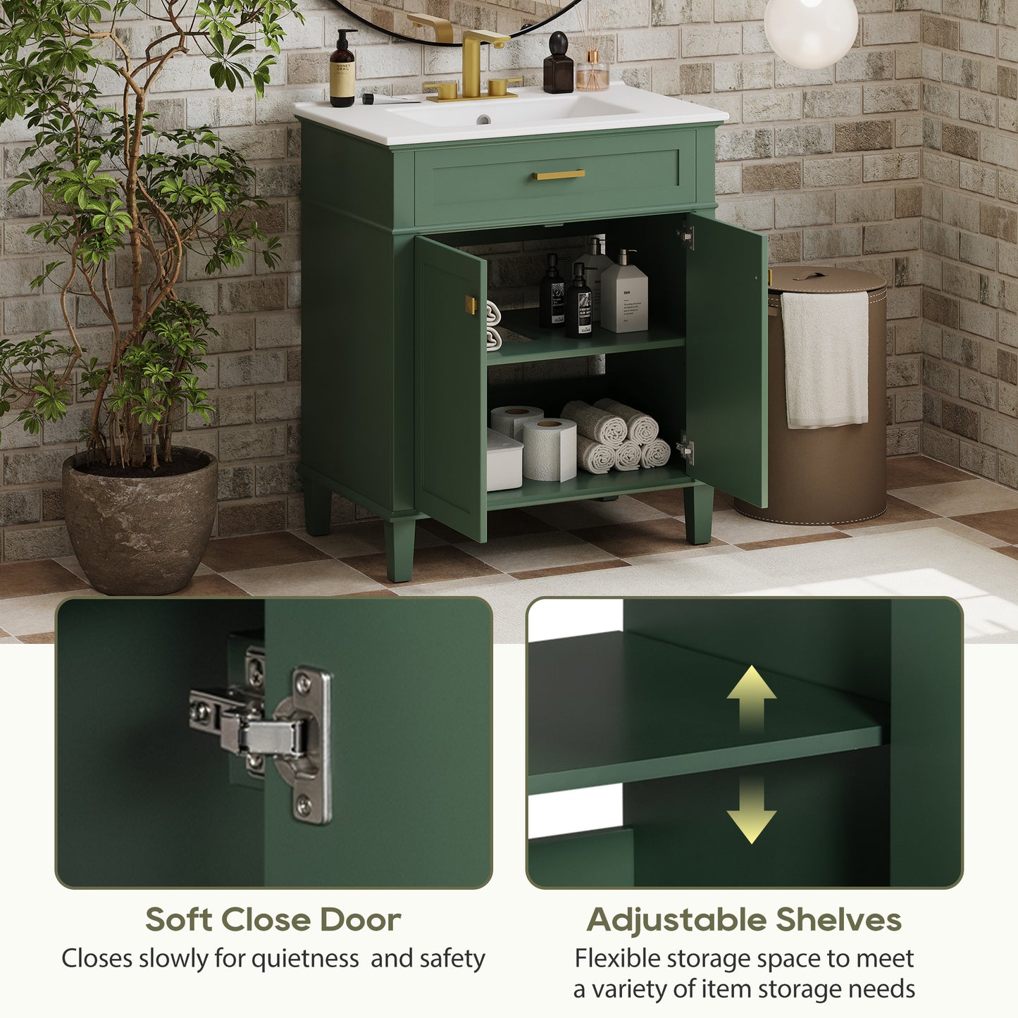 VanityFus 30-in Green Bathroom Vanity Single Sink Combo Ceramic Top 2 Soft-Close Doors Adjustable shelves