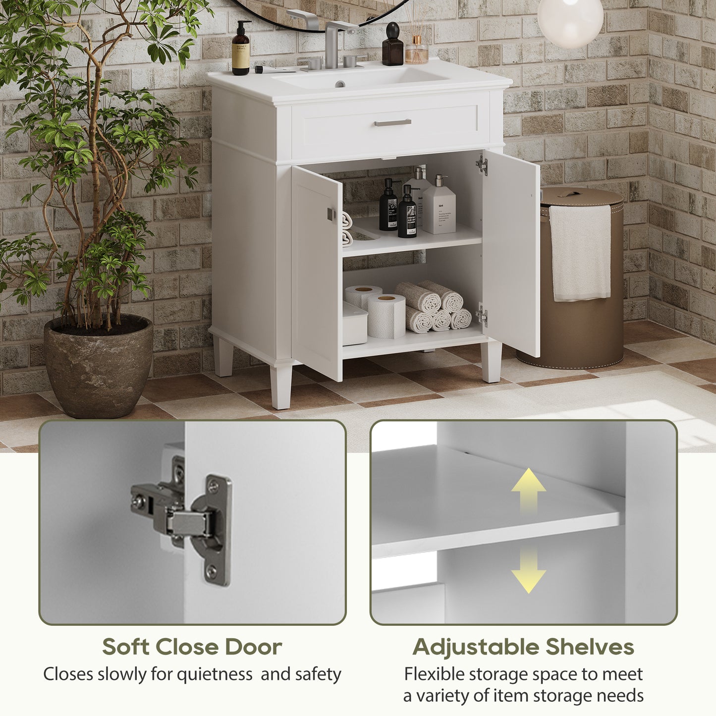 VanityFus 30-in White Bathroom Vanity Single Sink Combo Ceramic Top 2 Soft-Close Doors Adjustable shelves