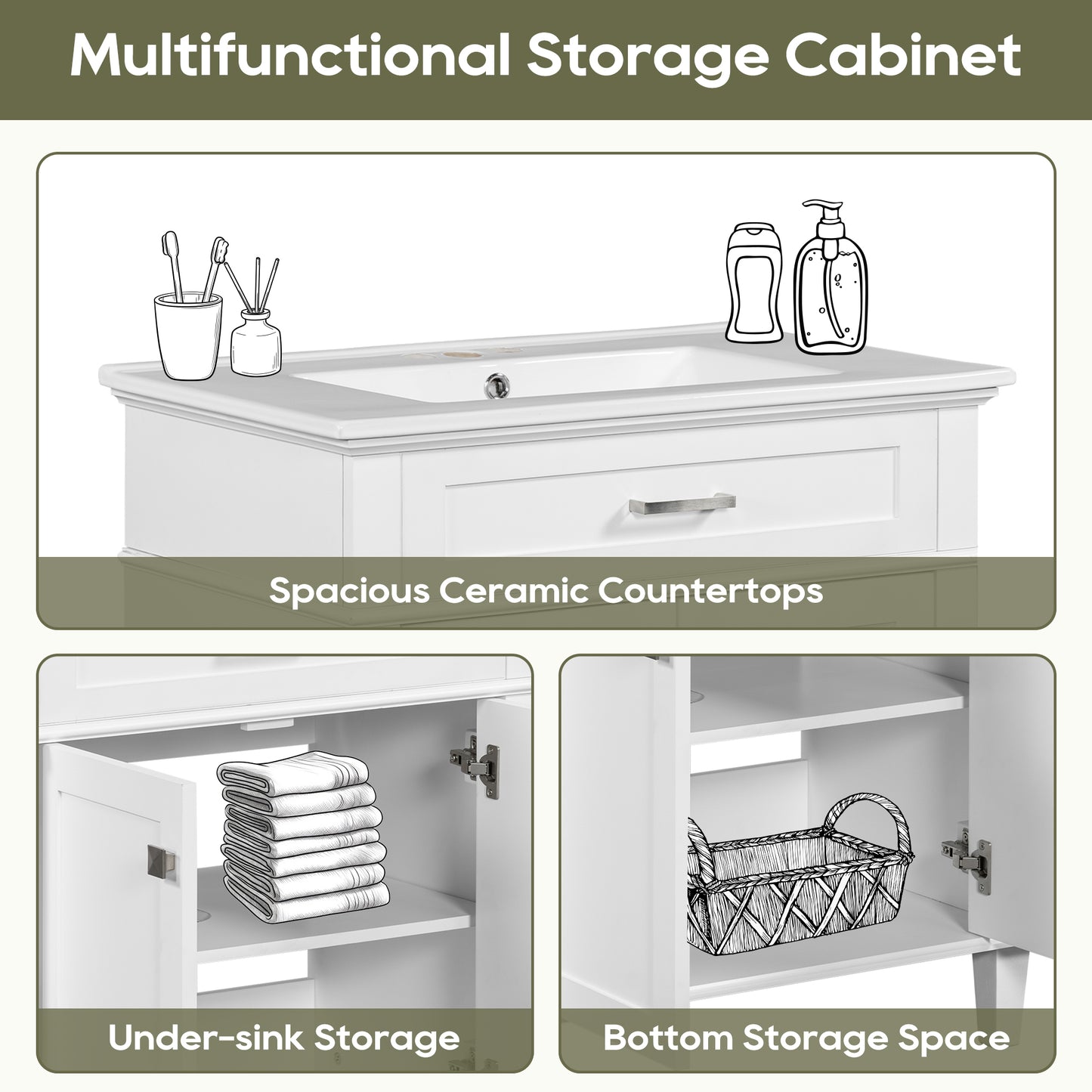 VanityFus 30-in White Bathroom Vanity Single Sink Combo Ceramic Top 2 Soft-Close Doors Adjustable shelves