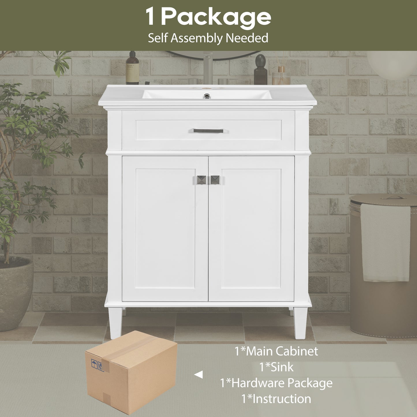 VanityFus 30-in White Bathroom Vanity Single Sink Combo Ceramic Top 2 Soft-Close Doors Adjustable shelves