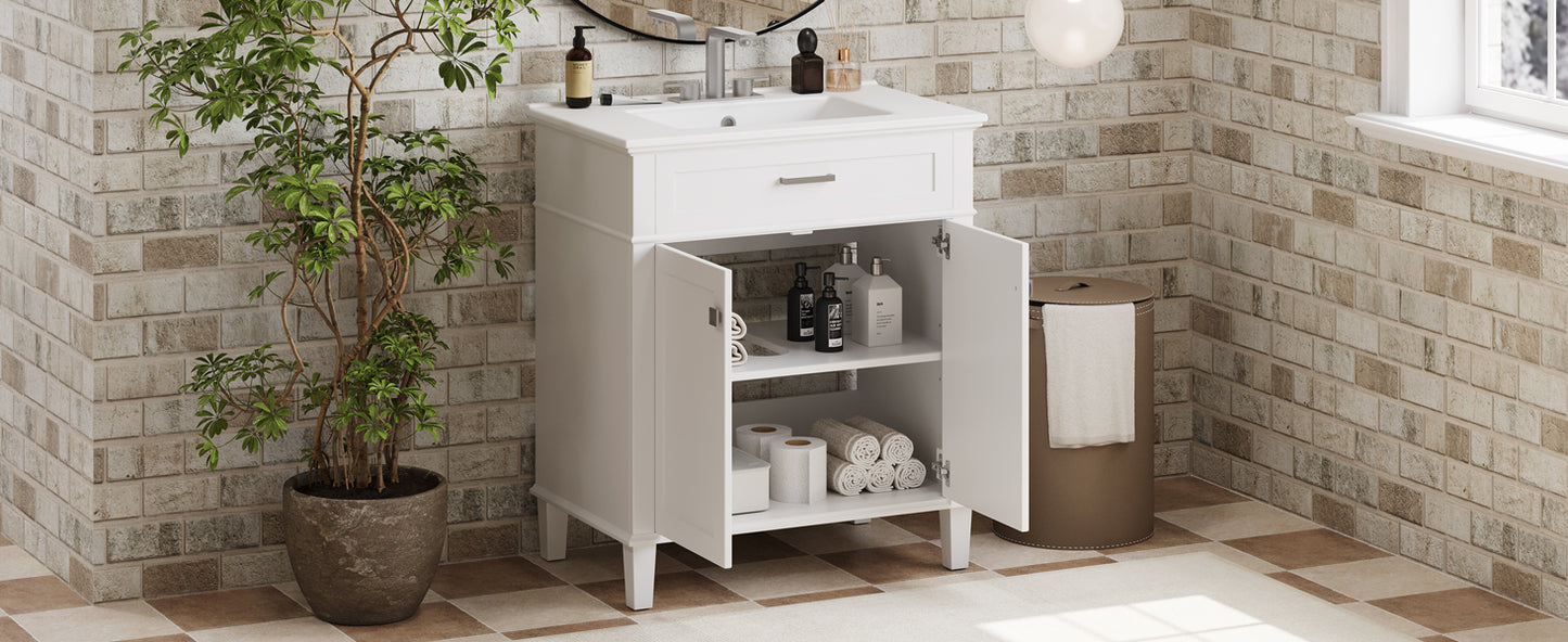 VanityFus 30-in White Bathroom Vanity Single Sink Combo Ceramic Top 2 Soft-Close Doors Adjustable shelves