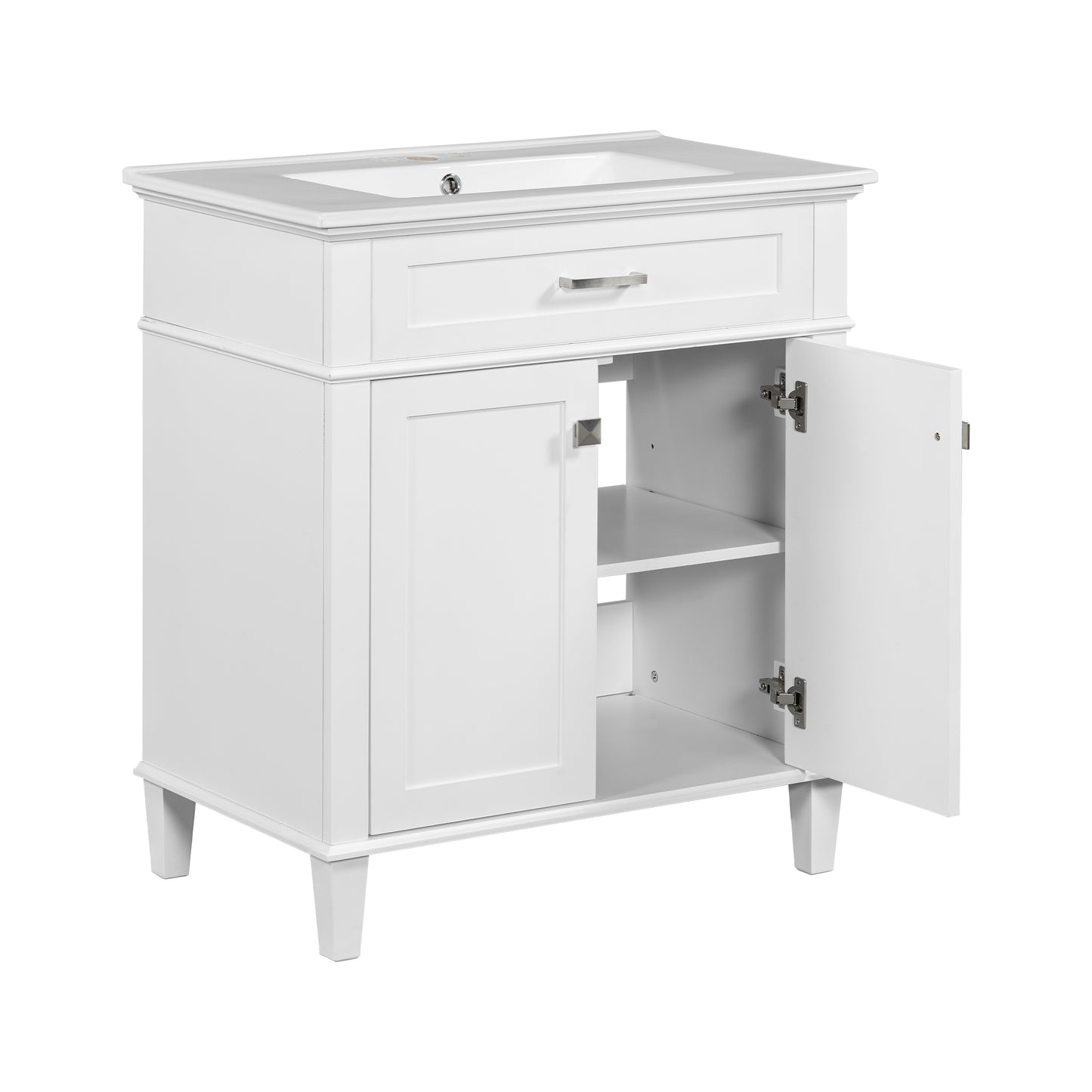 VanityFus 30-in White Bathroom Vanity Single Sink Combo Ceramic Top 2 Soft-Close Doors Adjustable shelves