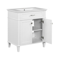 VanityFus 30-in White Bathroom Vanity Single Sink Combo Ceramic Top 2 Soft-Close Doors Adjustable shelves